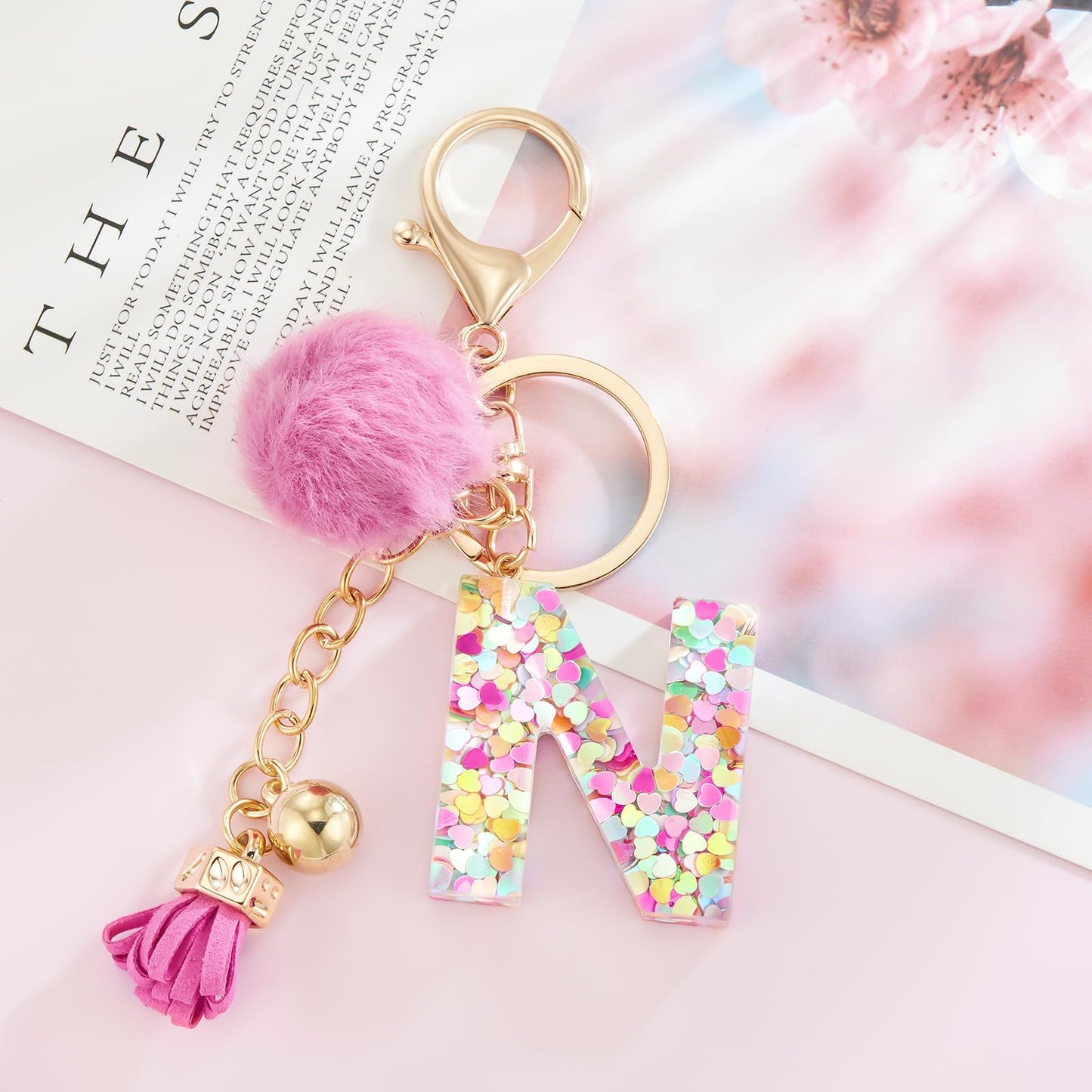 Resin Alphabet Initial Letter Keychain Keyring for Women Purse Handbags With Fur Ball Pom