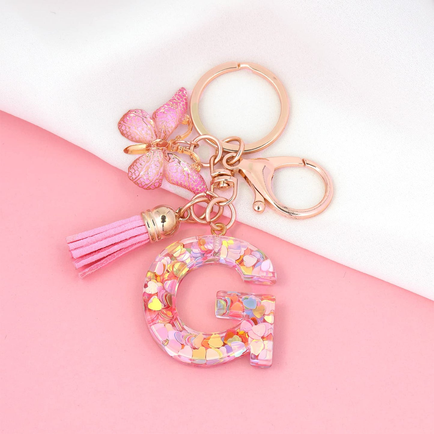 Fashion Alphabet Initial Letter Keychain Tassel Butterfly Pendant Key Ring for Purse Handbags Women Girl
