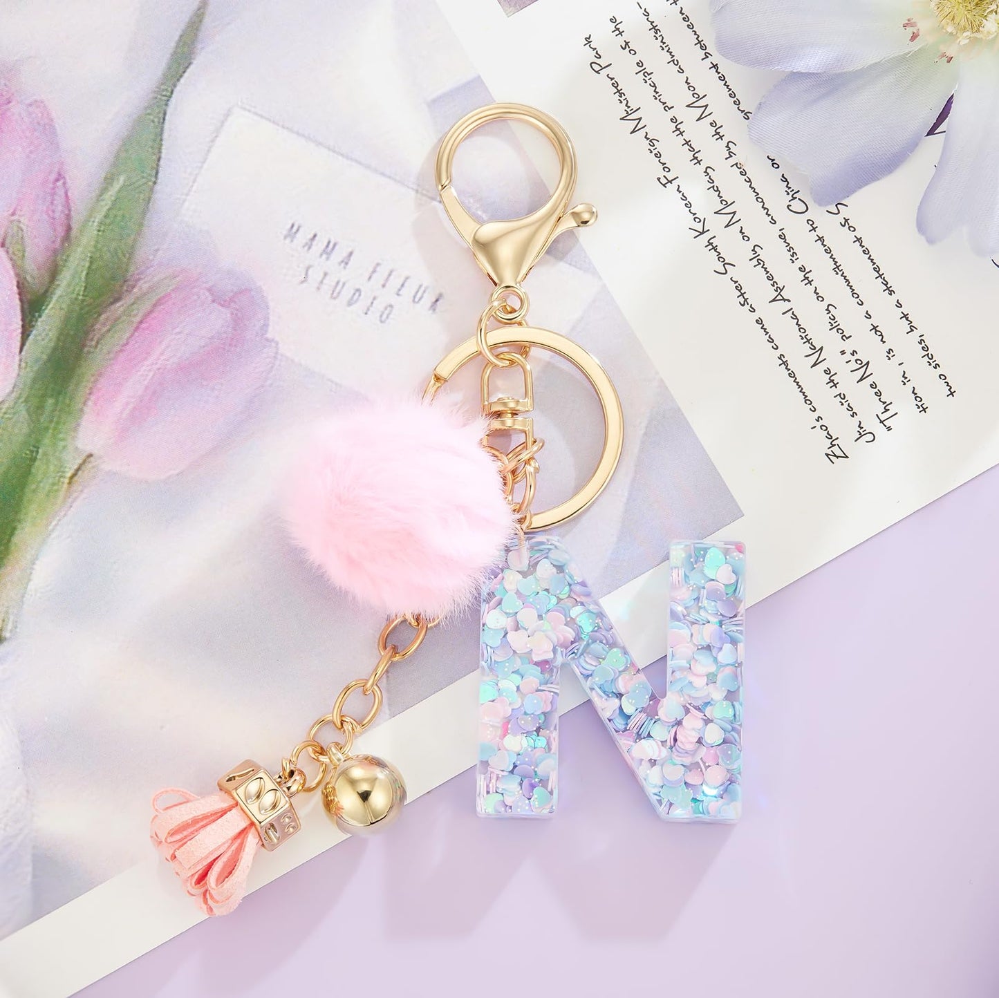 Resin Alphabet Initial Letter Keychain Keyring for Women Purse Handbags With Fur Ball Pom