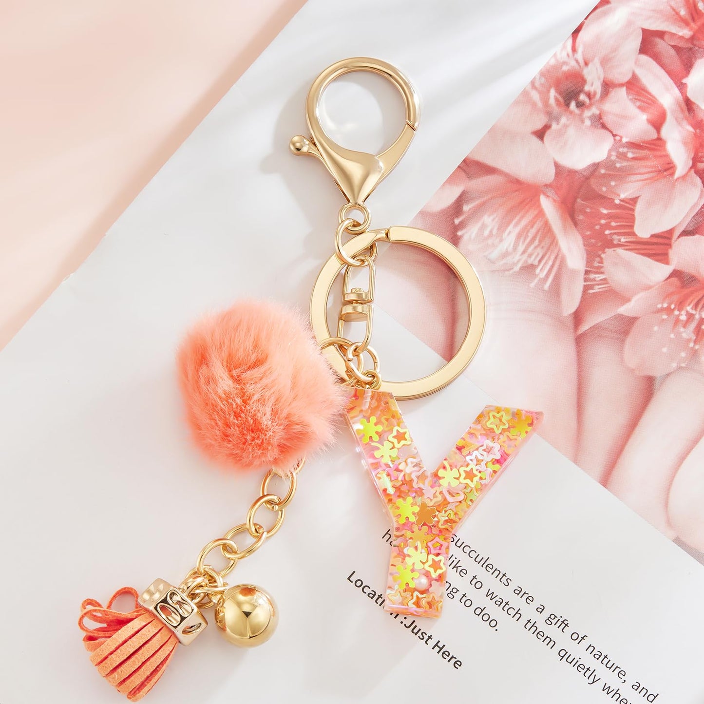 Resin Alphabet Initial Letter Keychain Keyring for Women Purse Handbags With Fur Ball Pom