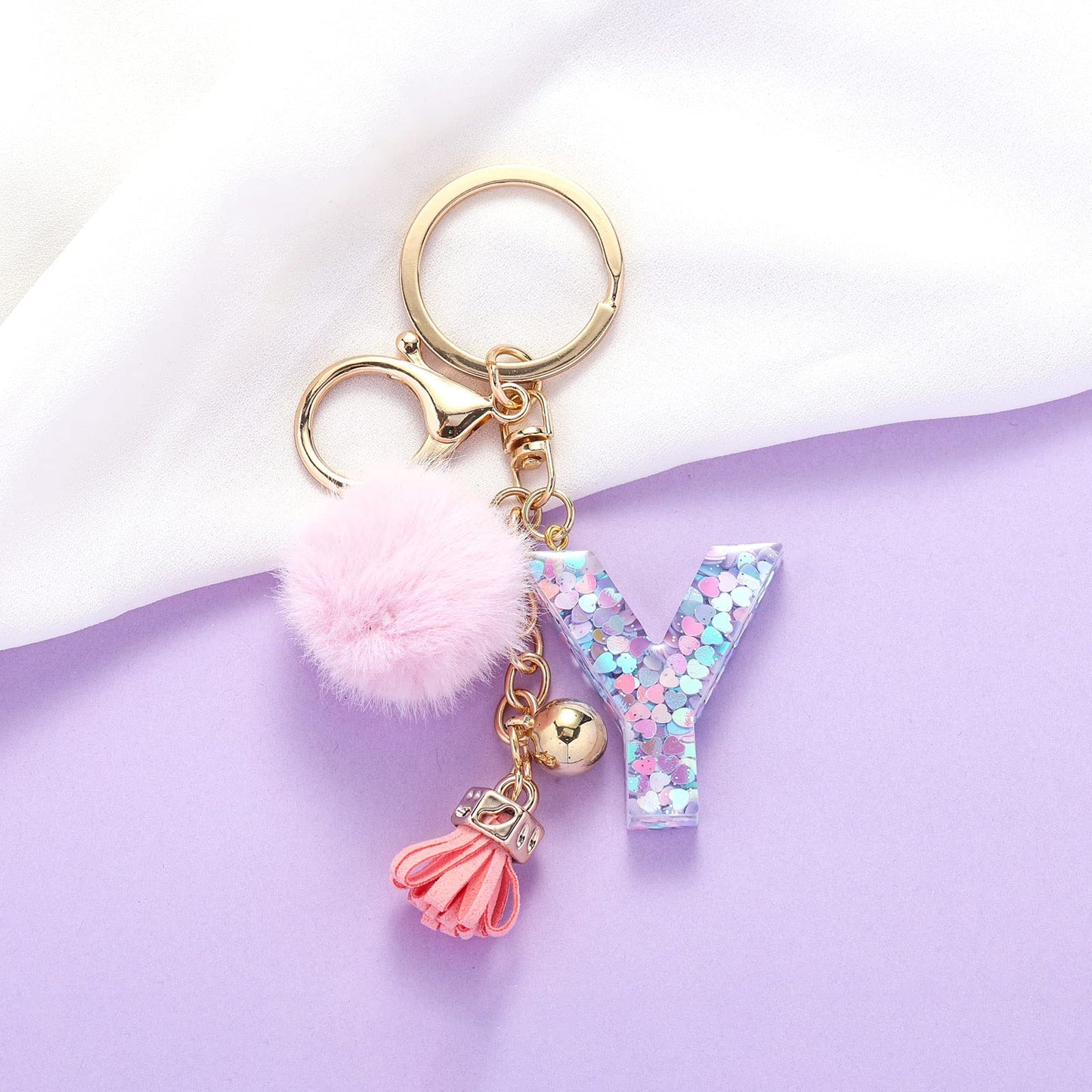 Resin Alphabet Initial Letter Keychain Keyring for Women Purse Handbags With Fur Ball Pom