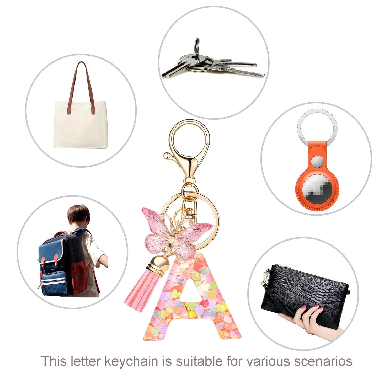 Fashion Alphabet Initial Letter Keychain Tassel Butterfly Pendant Key Ring for Purse Handbags Women Girl