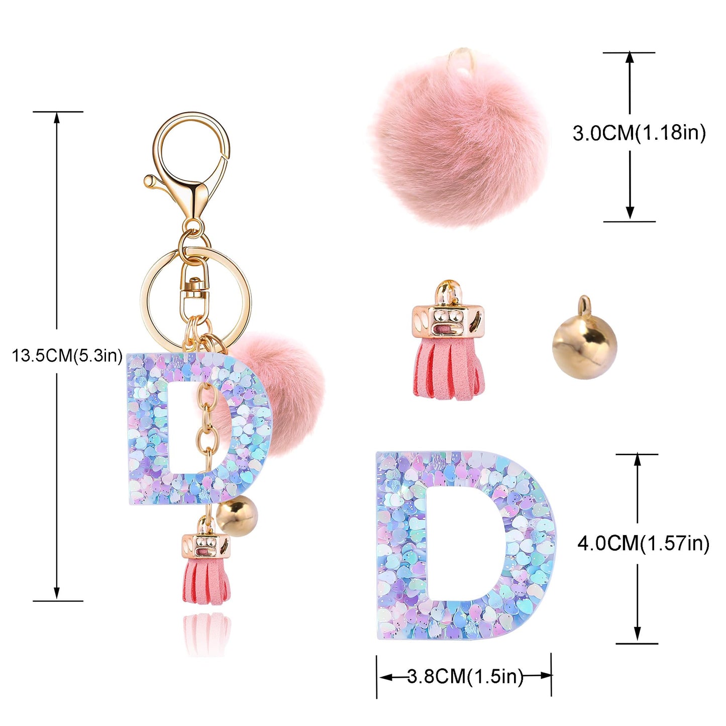 Resin Alphabet Initial Letter Keychain Keyring for Women Purse Handbags With Fur Ball Pom