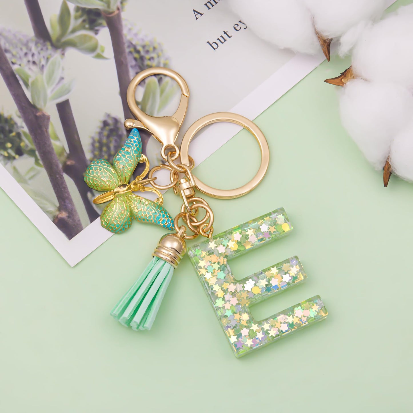 Fashion Alphabet Initial Letter Keychain Tassel Butterfly Pendant Key Ring for Purse Handbags Women Girl
