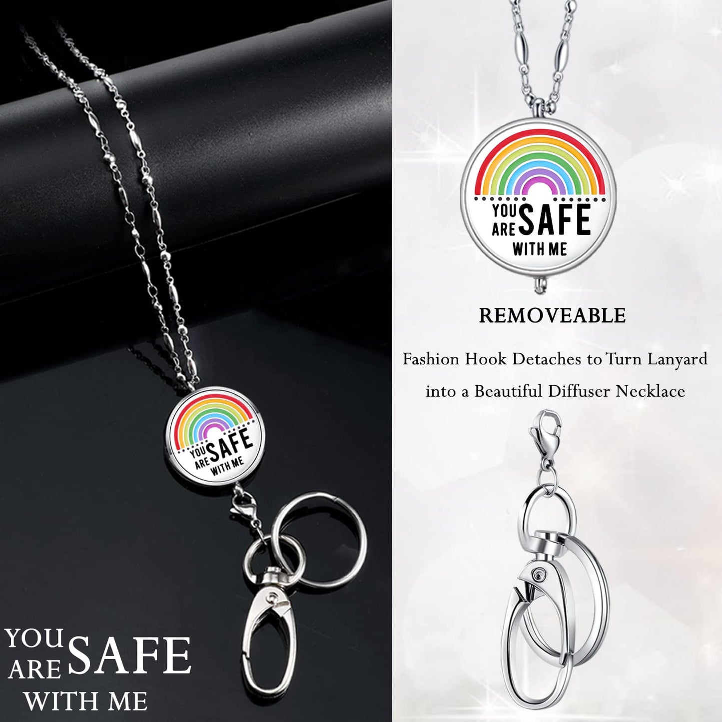 Lanyards for ID Badges Keys Women Cute Teacher Lanyard ID Holder Necklace Silver Chain Fashion Strong Keychain Diffuser Office School Work Jewelry Nurse Teacher Appreciation Gifts Mandala