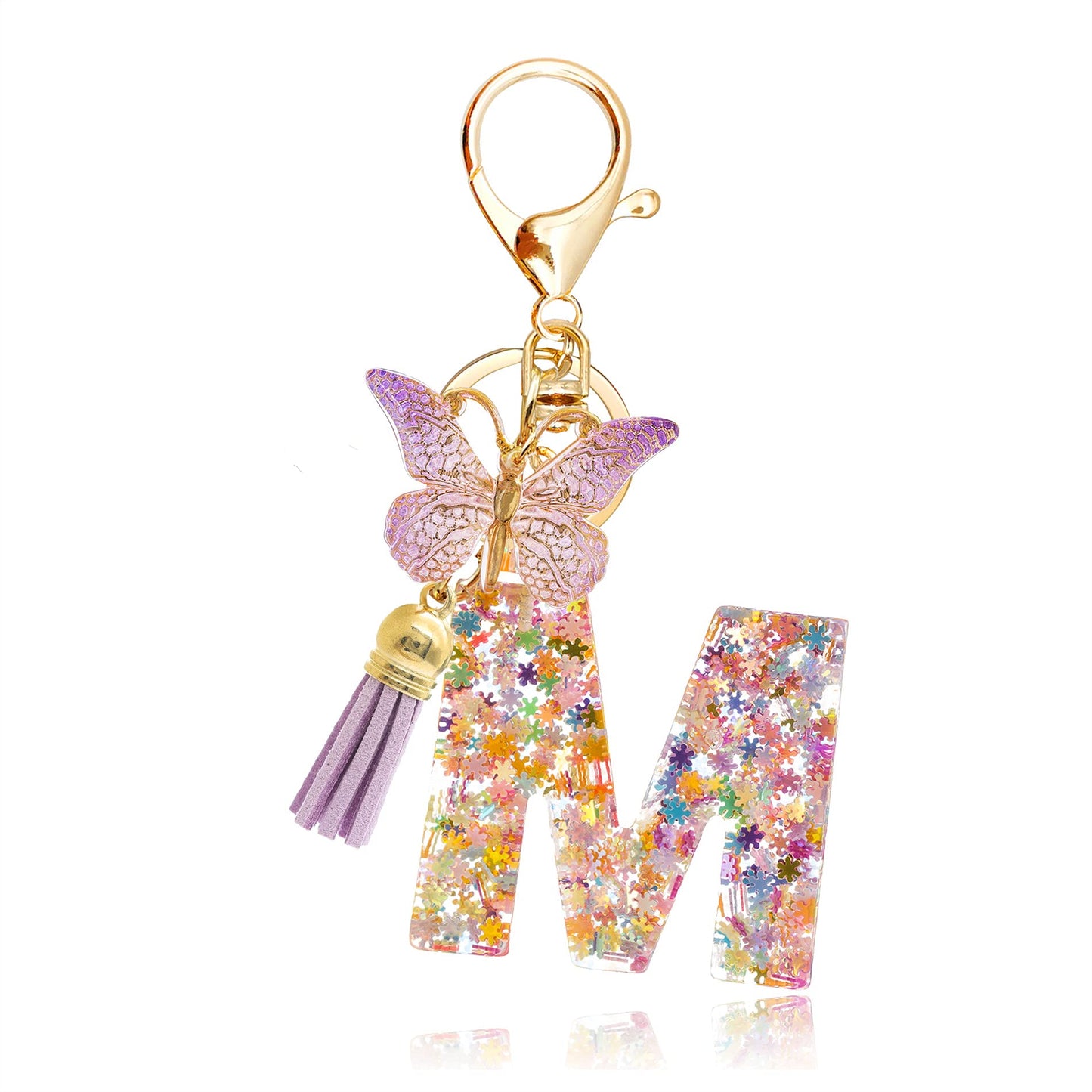 Fashion Alphabet Initial Letter Keychain Tassel Butterfly Pendant Key Ring for Purse Handbags Women Girl