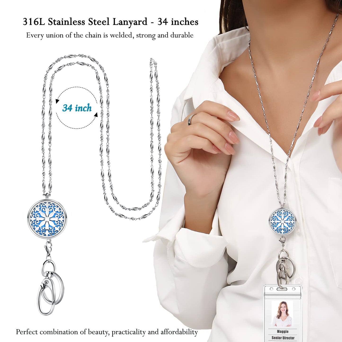 Lanyards for ID Badges Keys Women Cute Teacher Lanyard ID Holder Necklace Silver Chain Fashion Strong Keychain Diffuser Office School Work Jewelry Nurse Teacher Appreciation Gifts Mandala