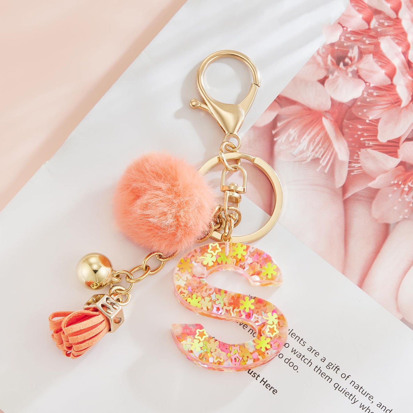 Resin Alphabet Initial Letter Keychain Keyring for Women Purse Handbags With Fur Ball Pom