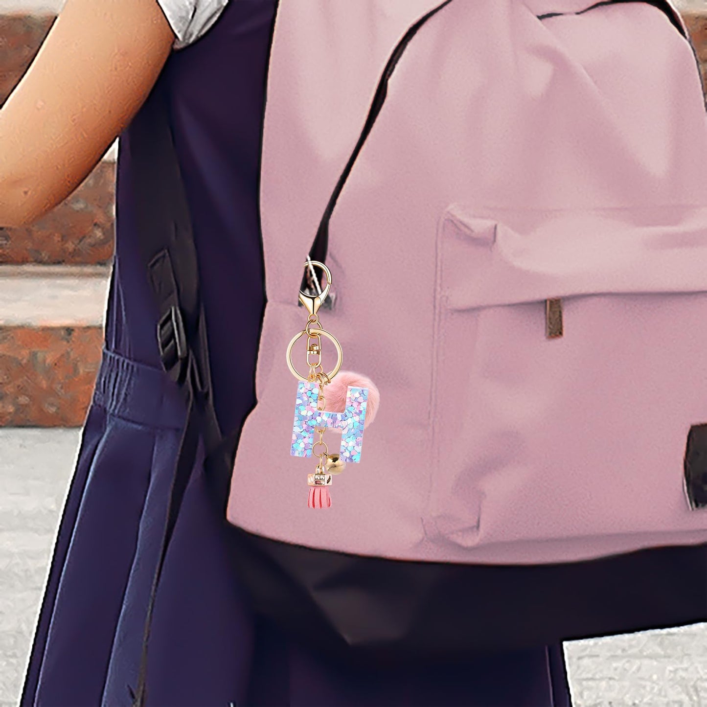 Resin Alphabet Initial Letter Keychain Keyring for Women Purse Handbags With Fur Ball Pom