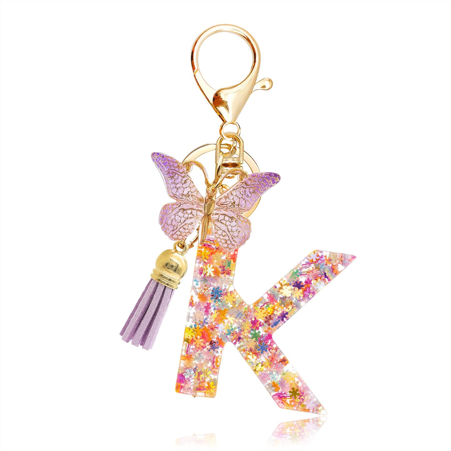 Fashion Alphabet Initial Letter Keychain Tassel Butterfly Pendant Key Ring for Purse Handbags Women Girl
