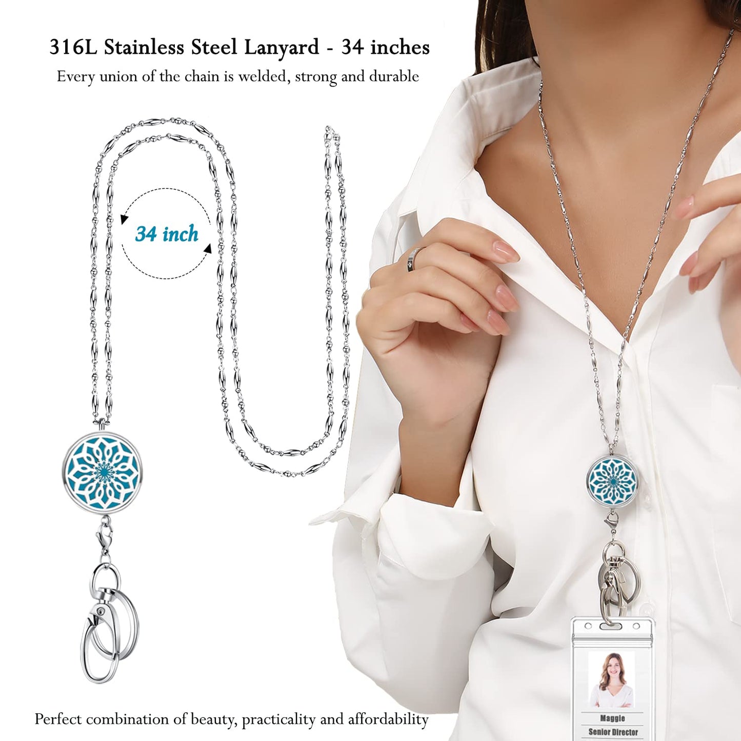 Lanyards for ID Badges Keys Women Cute Teacher Lanyard ID Holder Necklace Silver Chain Fashion Strong Keychain Diffuser Office School Work Jewelry Nurse Teacher Appreciation Gifts Mandala
