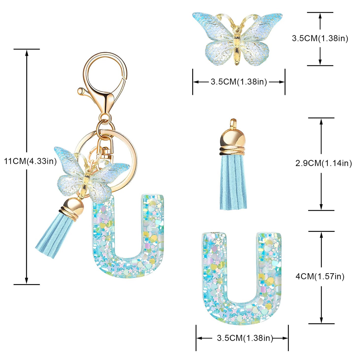 Fashion Alphabet Initial Letter Keychain Tassel Butterfly Pendant Key Ring for Purse Handbags Women Girl