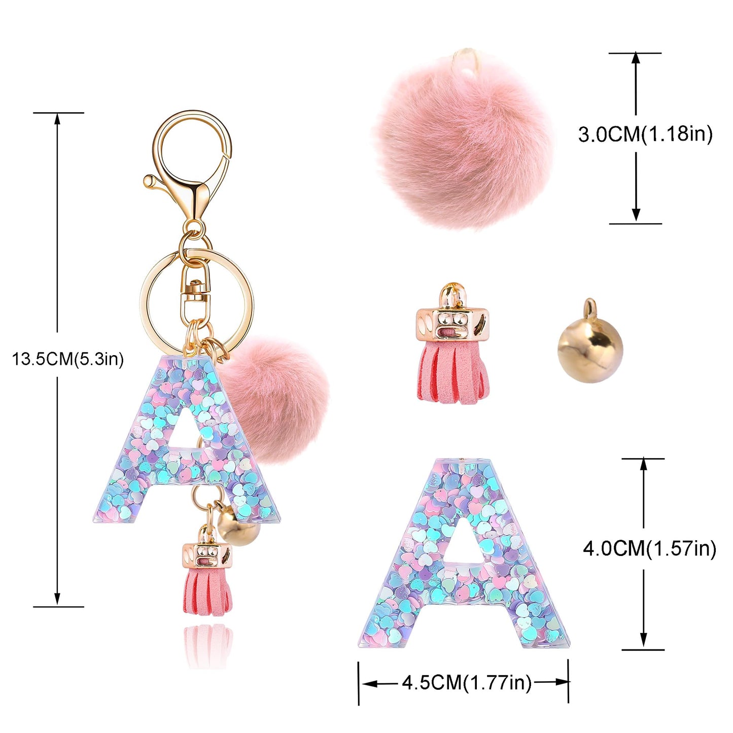Resin Alphabet Initial Letter Keychain Keyring for Women Purse Handbags With Fur Ball Pom