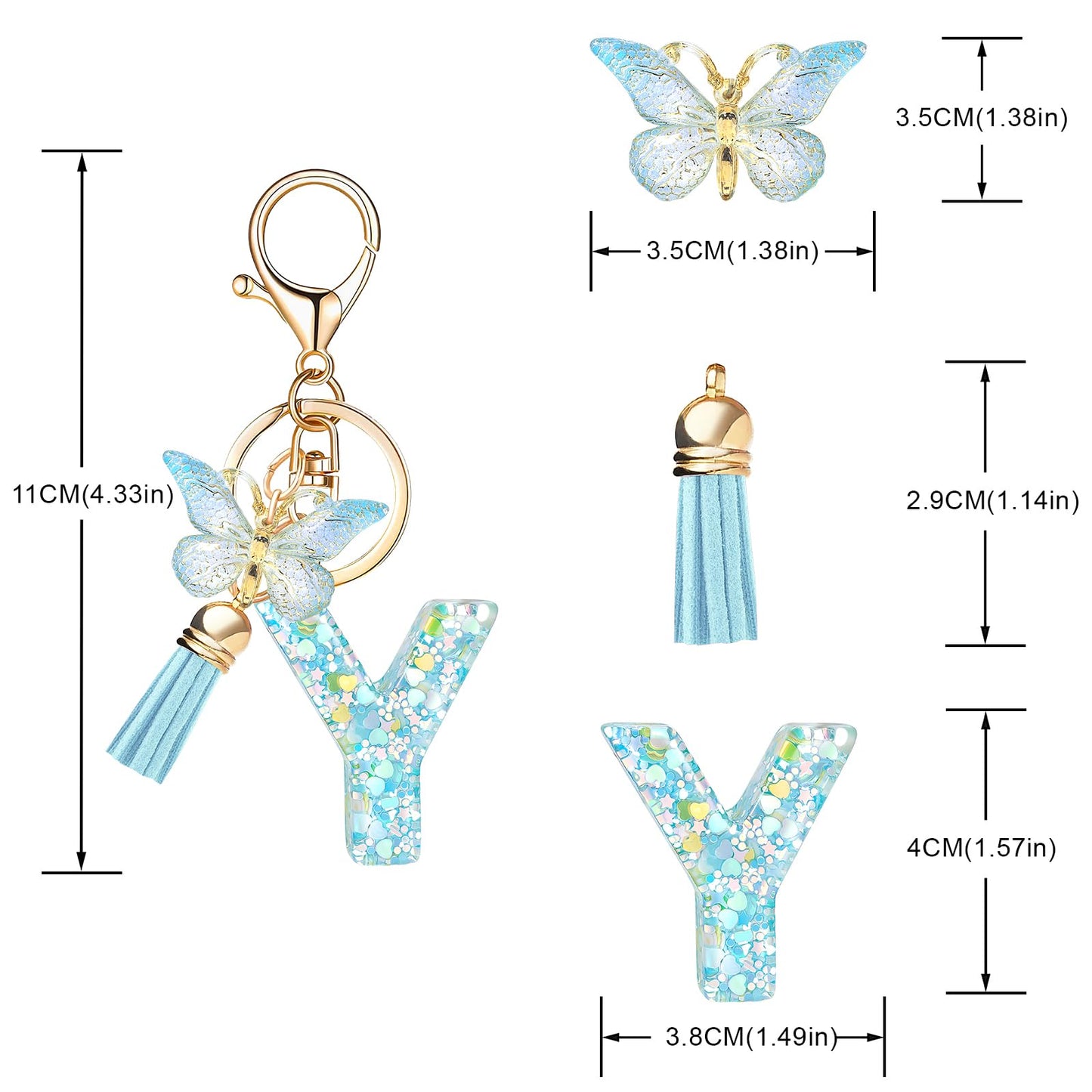Fashion Alphabet Initial Letter Keychain Tassel Butterfly Pendant Key Ring for Purse Handbags Women Girl