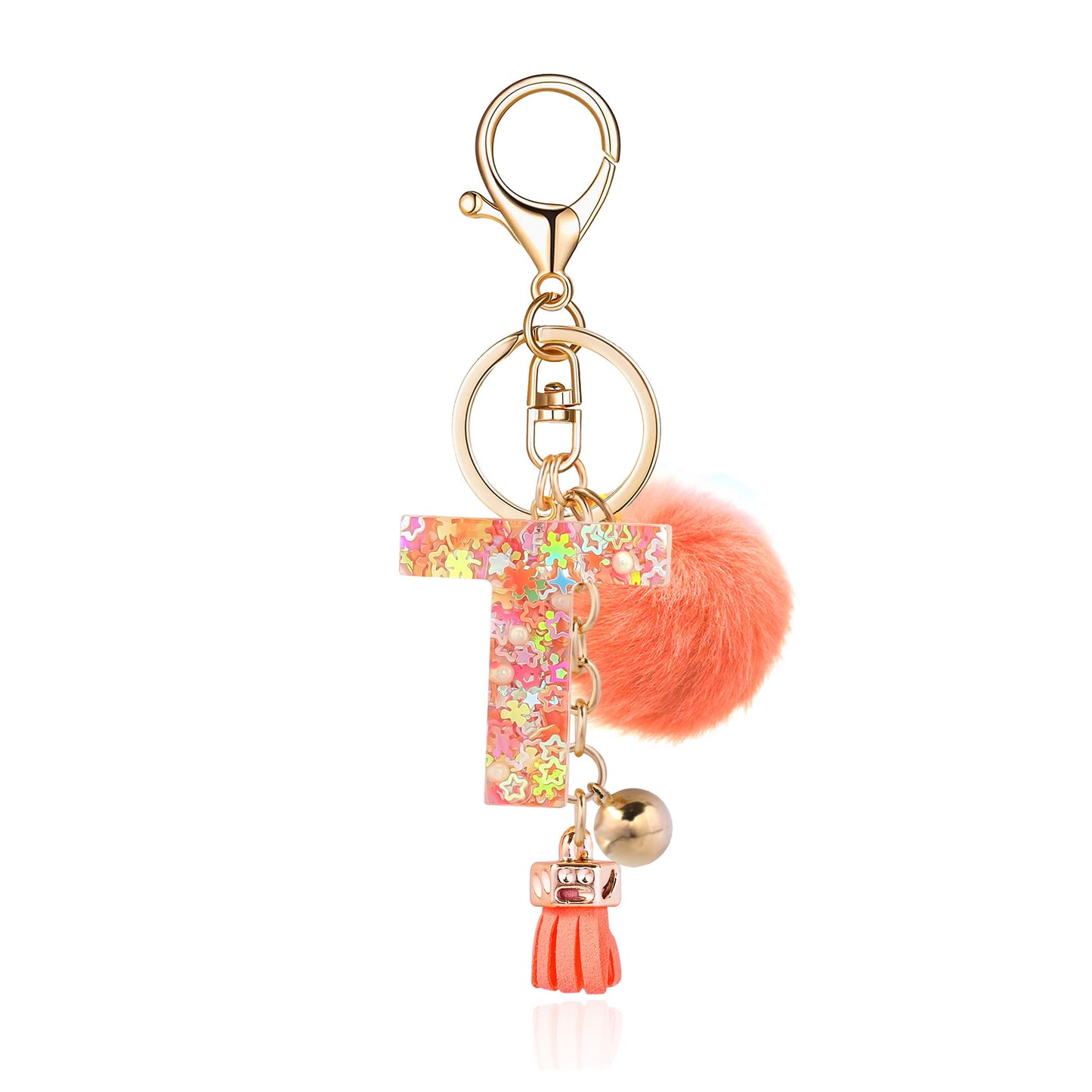 Resin Alphabet Initial Letter Keychain Keyring for Women Purse Handbags With Fur Ball Pom