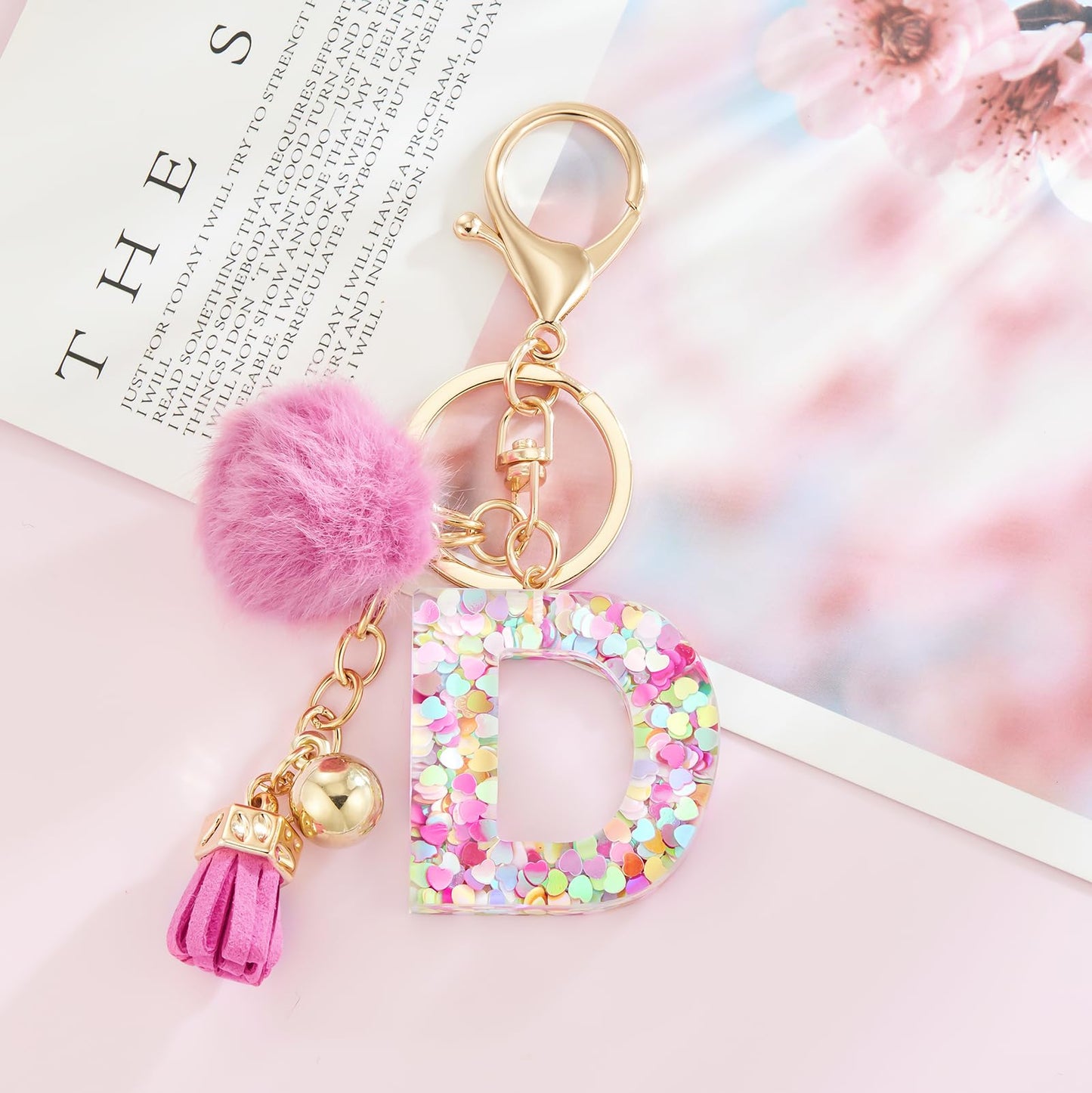Resin Alphabet Initial Letter Keychain Keyring for Women Purse Handbags With Fur Ball Pom