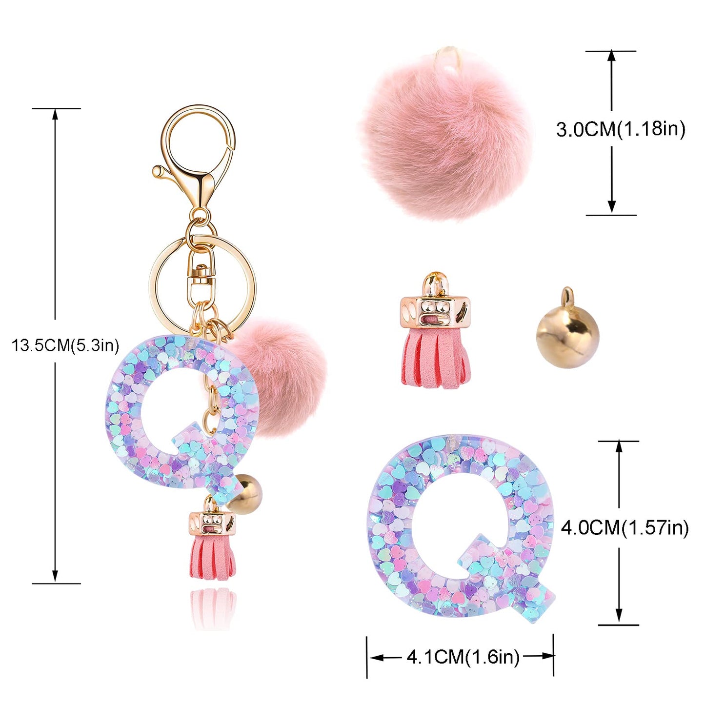 Resin Alphabet Initial Letter Keychain Keyring for Women Purse Handbags With Fur Ball Pom