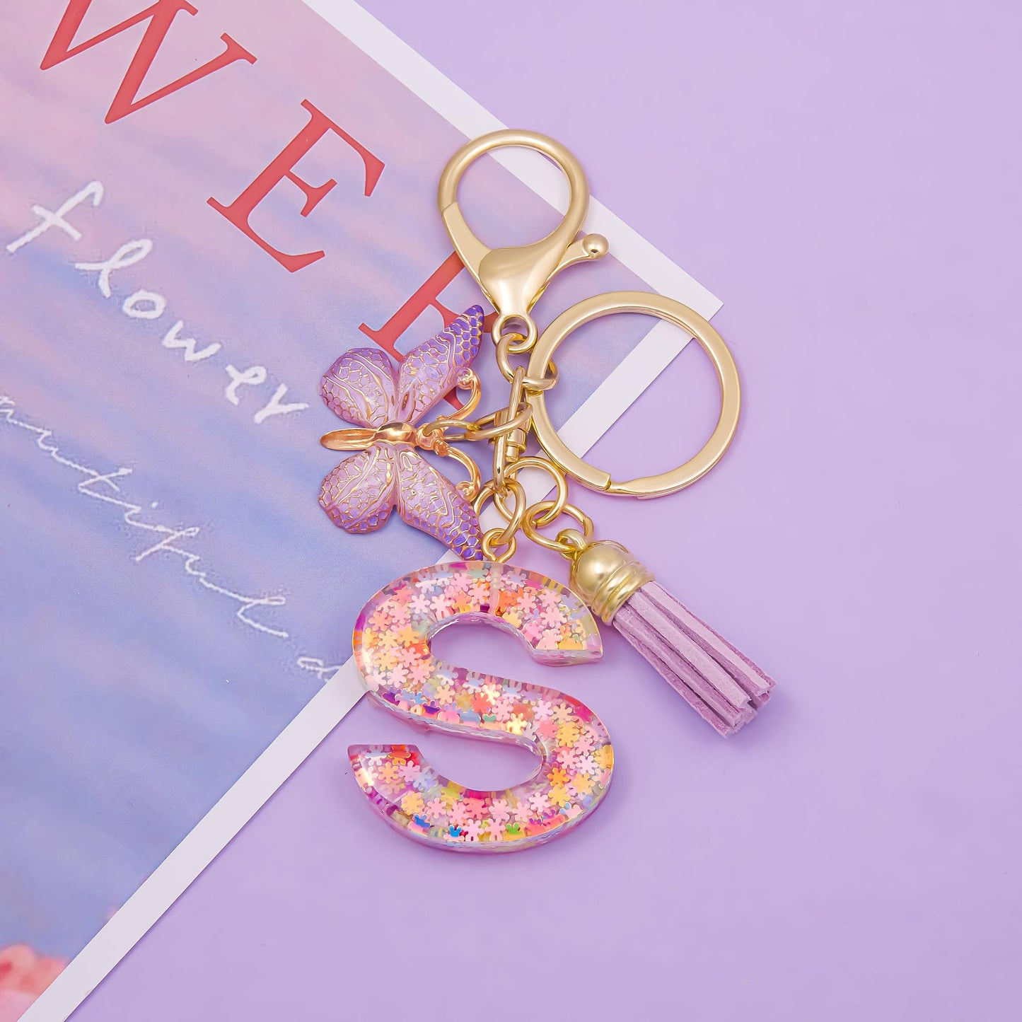 Fashion Alphabet Initial Letter Keychain Tassel Butterfly Pendant Key Ring for Purse Handbags Women Girl