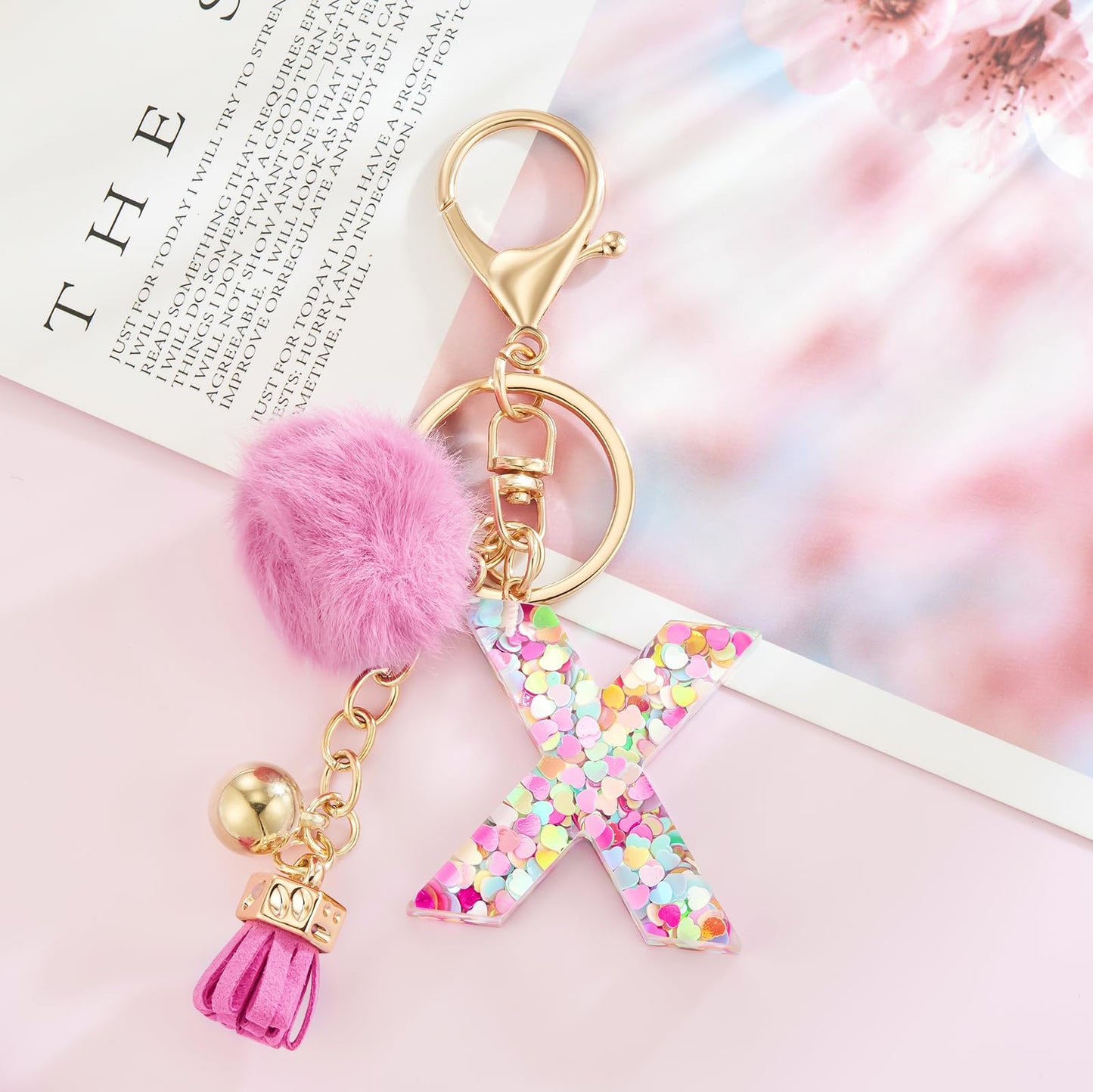 Resin Alphabet Initial Letter Keychain Keyring for Women Purse Handbags With Fur Ball Pom