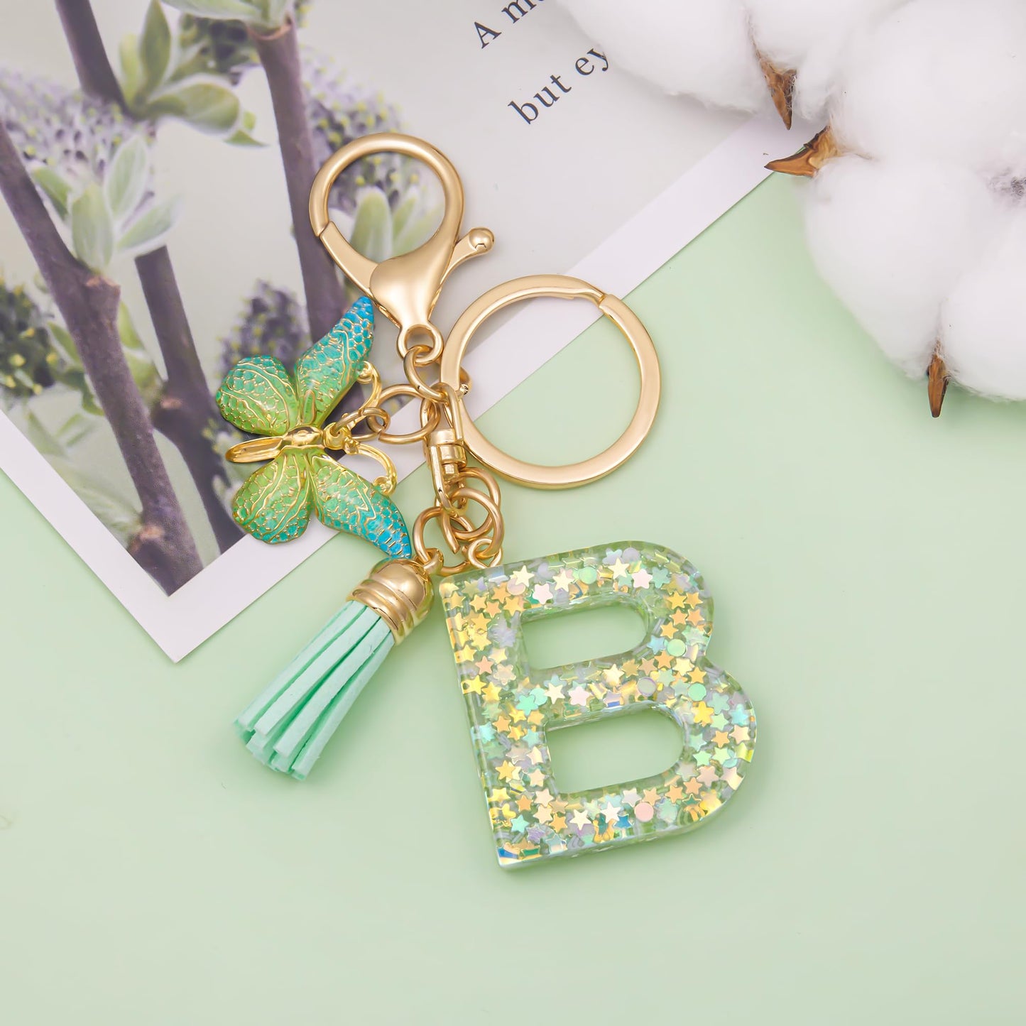 Fashion Alphabet Initial Letter Keychain Tassel Butterfly Pendant Key Ring for Purse Handbags Women Girl