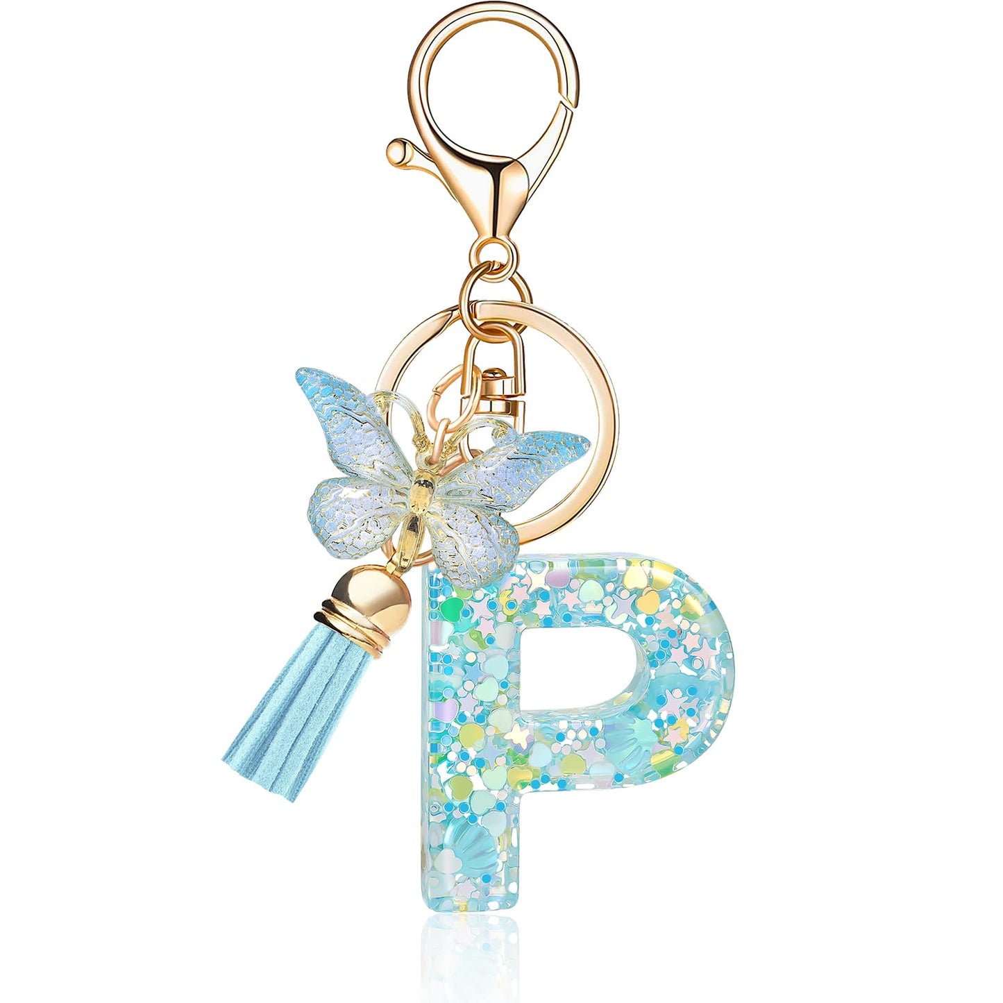 Fashion Alphabet Initial Letter Keychain Tassel Butterfly Pendant Key Ring for Purse Handbags Women Girl