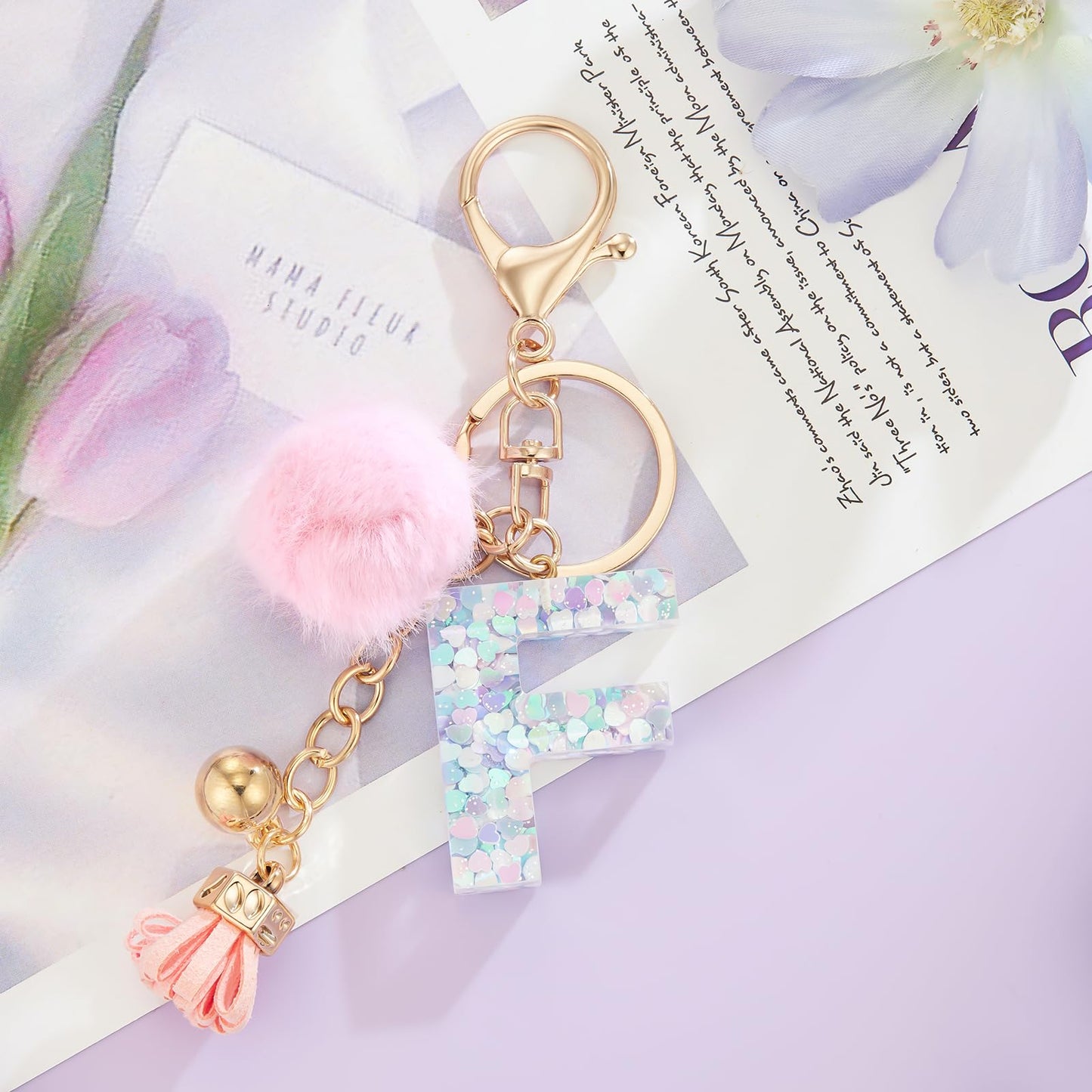 Resin Alphabet Initial Letter Keychain Keyring for Women Purse Handbags With Fur Ball Pom