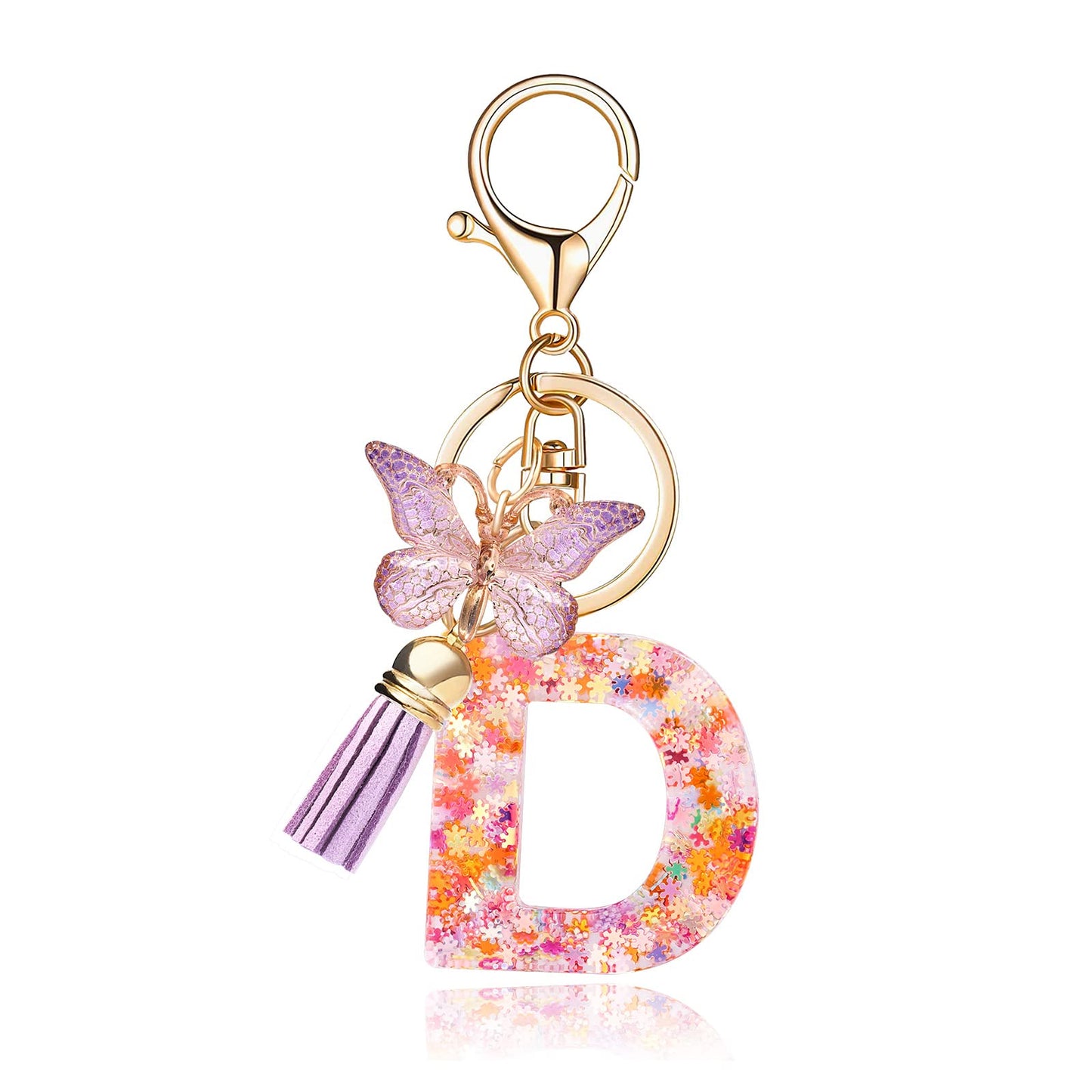 Fashion Alphabet Initial Letter Keychain Tassel Butterfly Pendant Key Ring for Purse Handbags Women Girl