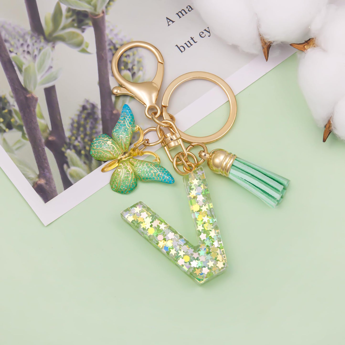 Fashion Alphabet Initial Letter Keychain Tassel Butterfly Pendant Key Ring for Purse Handbags Women Girl