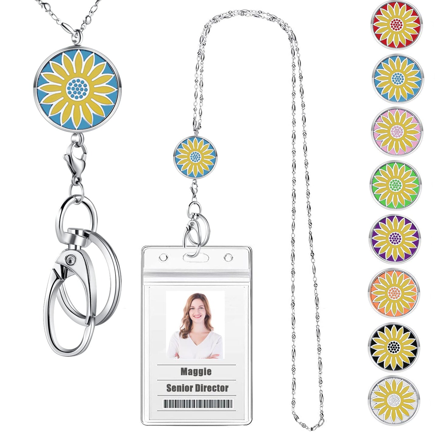 Lanyards for ID Badges Keys Women Cute Teacher Lanyard ID Holder Necklace Silver Chain Fashion Strong Keychain Diffuser Office School Work Jewelry Nurse Teacher Appreciation Gifts Mandala