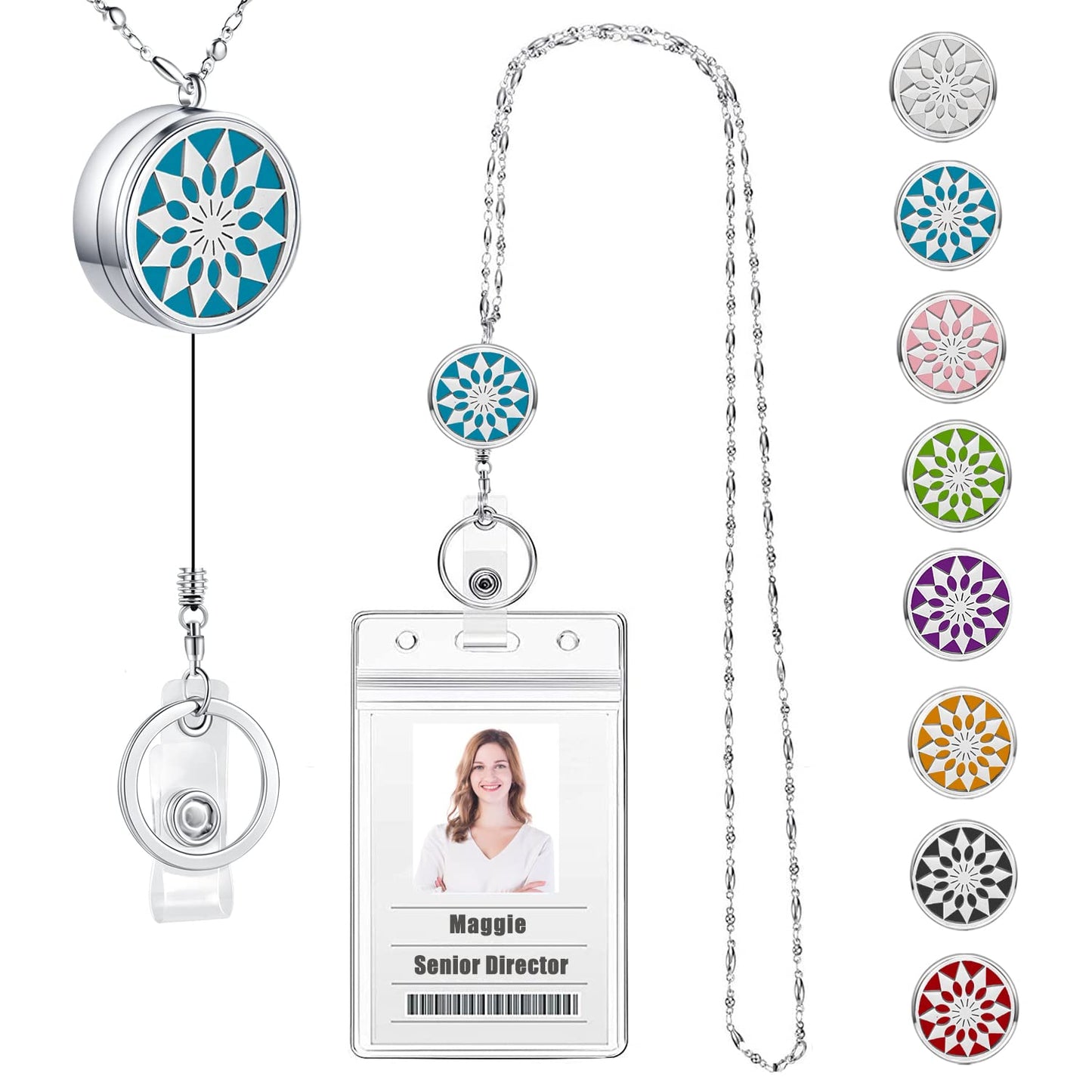 Lanyards for ID Badges Keys Women Cute Teacher Lanyard ID Holder Necklace Silver Chain Fashion Strong Keychain Diffuser Office School Work Jewelry Nurse Teacher Appreciation Gifts Mandala