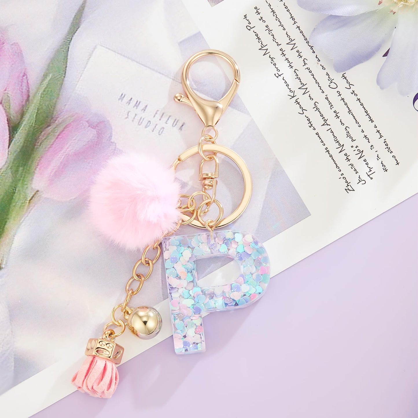 Resin Alphabet Initial Letter Keychain Keyring for Women Purse Handbags With Fur Ball Pom