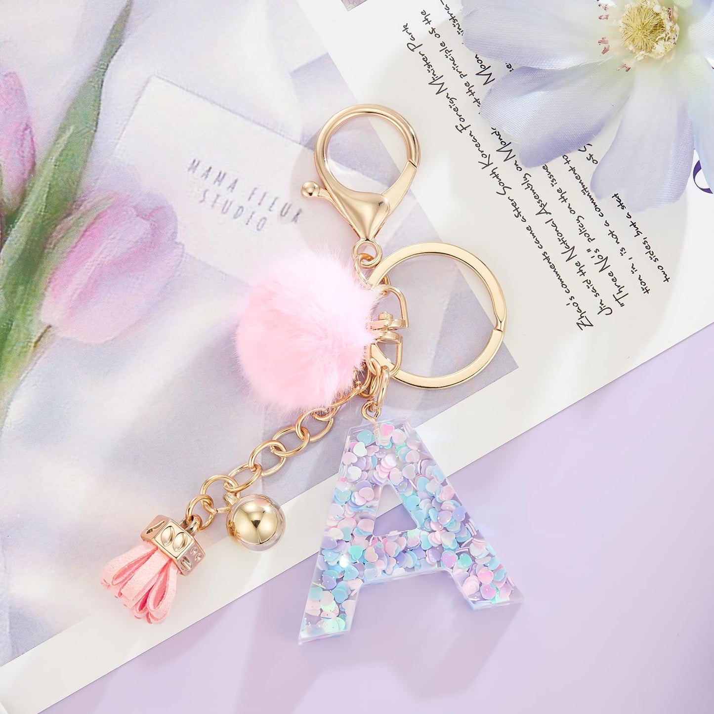 Resin Alphabet Initial Letter Keychain Keyring for Women Purse Handbags With Fur Ball Pom