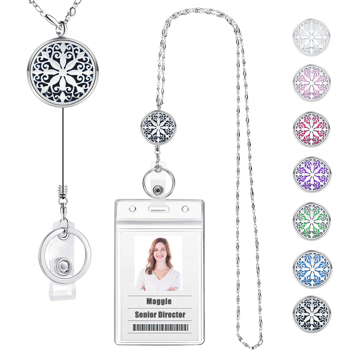 Lanyards for ID Badges Keys Women Cute Teacher Lanyard ID Holder Necklace Silver Chain Fashion Strong Keychain Diffuser Office School Work Jewelry Nurse Teacher Appreciation Gifts Mandala