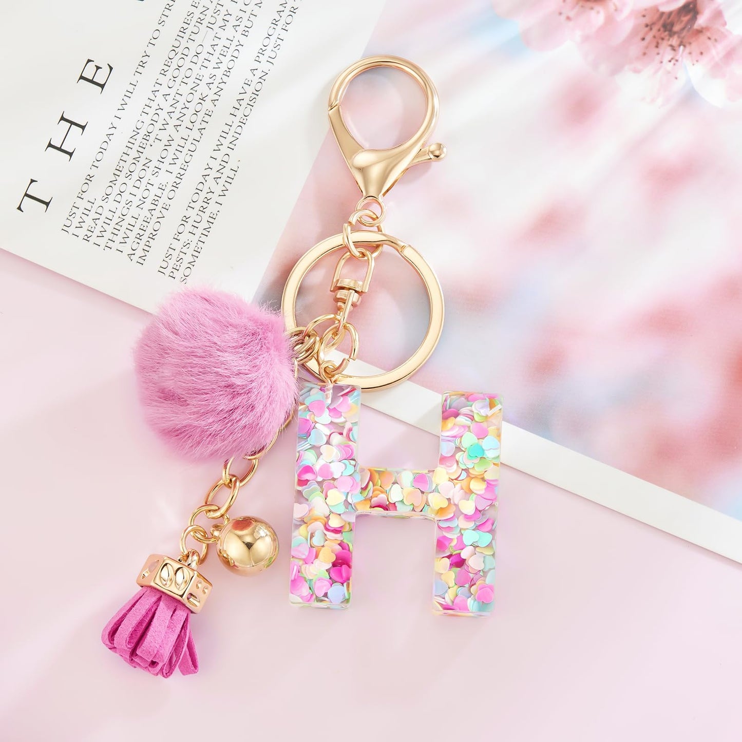 Resin Alphabet Initial Letter Keychain Keyring for Women Purse Handbags With Fur Ball Pom