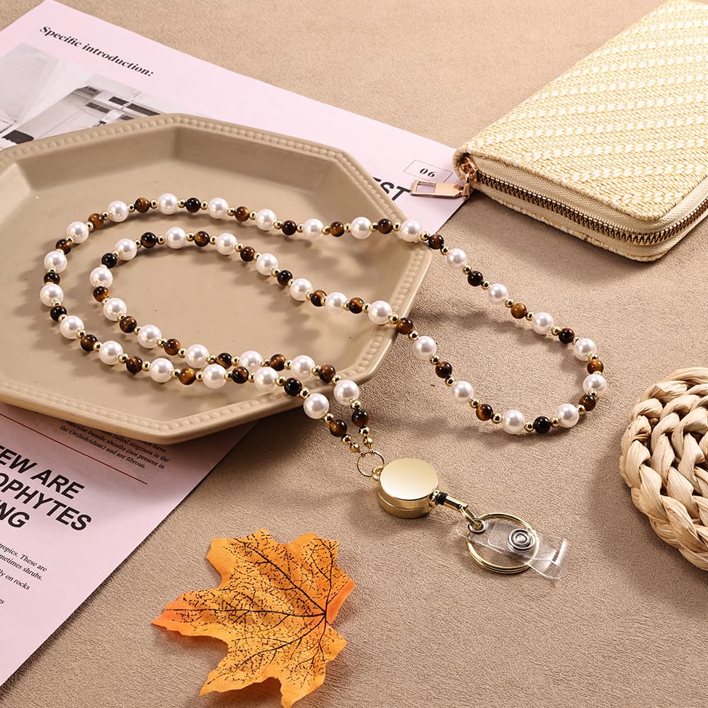 Retractable Pearl ID Badges and Key Lanyards, Natural Crystal Handmade Beaded Teacher Women's Lanyards