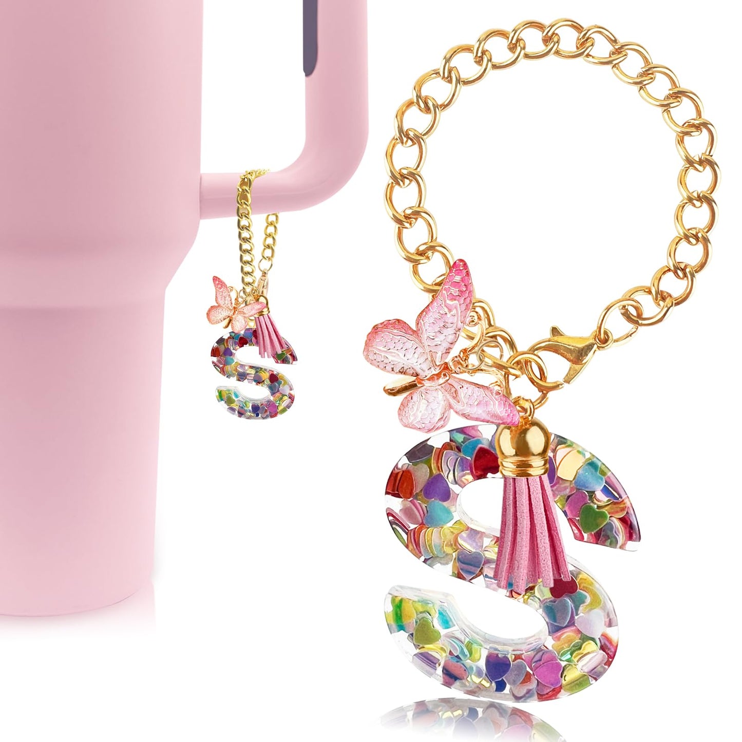 Letter Charm Accessories for Stanley Cup with Handle, Cute Initial Letter A Keychain Handle Charm with Butterfly for Stanley Tumbler for Women Girls