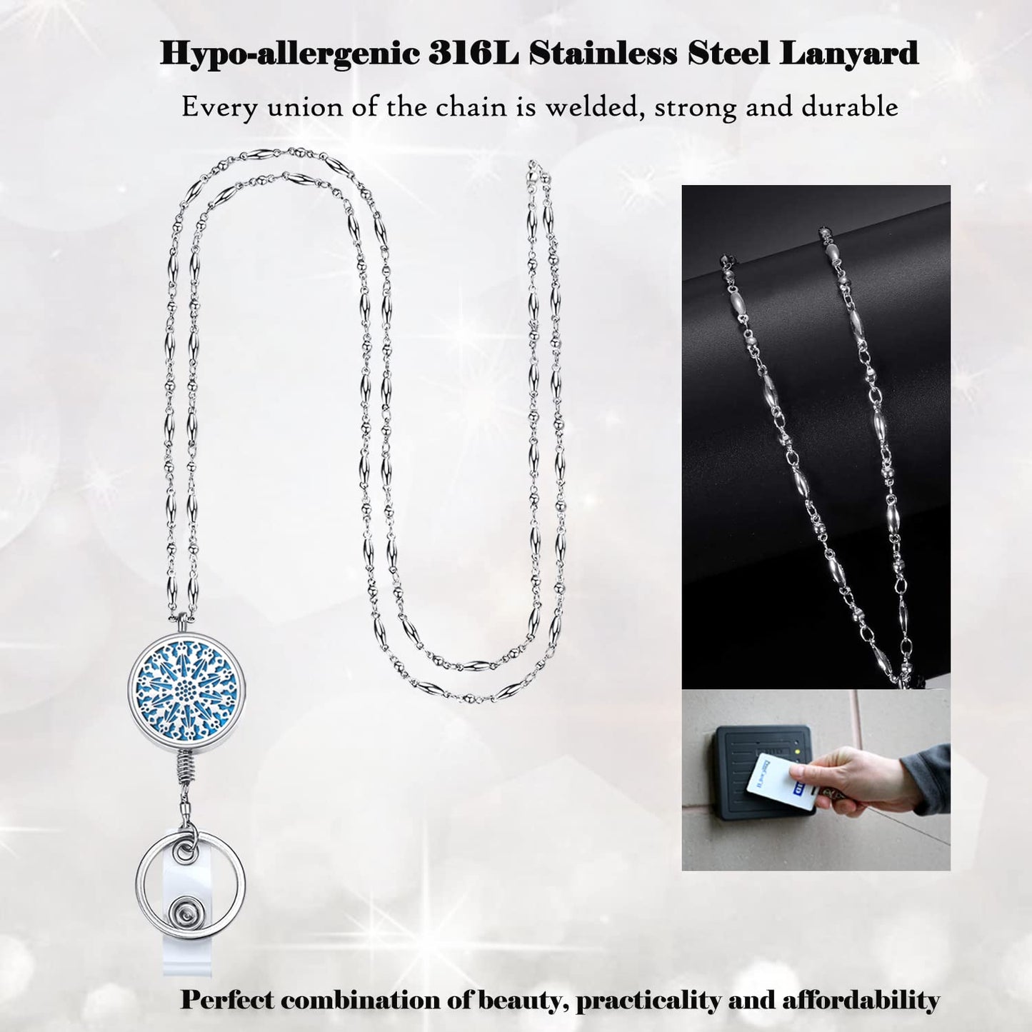Lanyards for ID Badges Keys Women Cute Teacher Lanyard ID Holder Necklace Silver Chain Fashion Strong Keychain Diffuser Office School Work Jewelry Nurse Teacher Appreciation Gifts Mandala