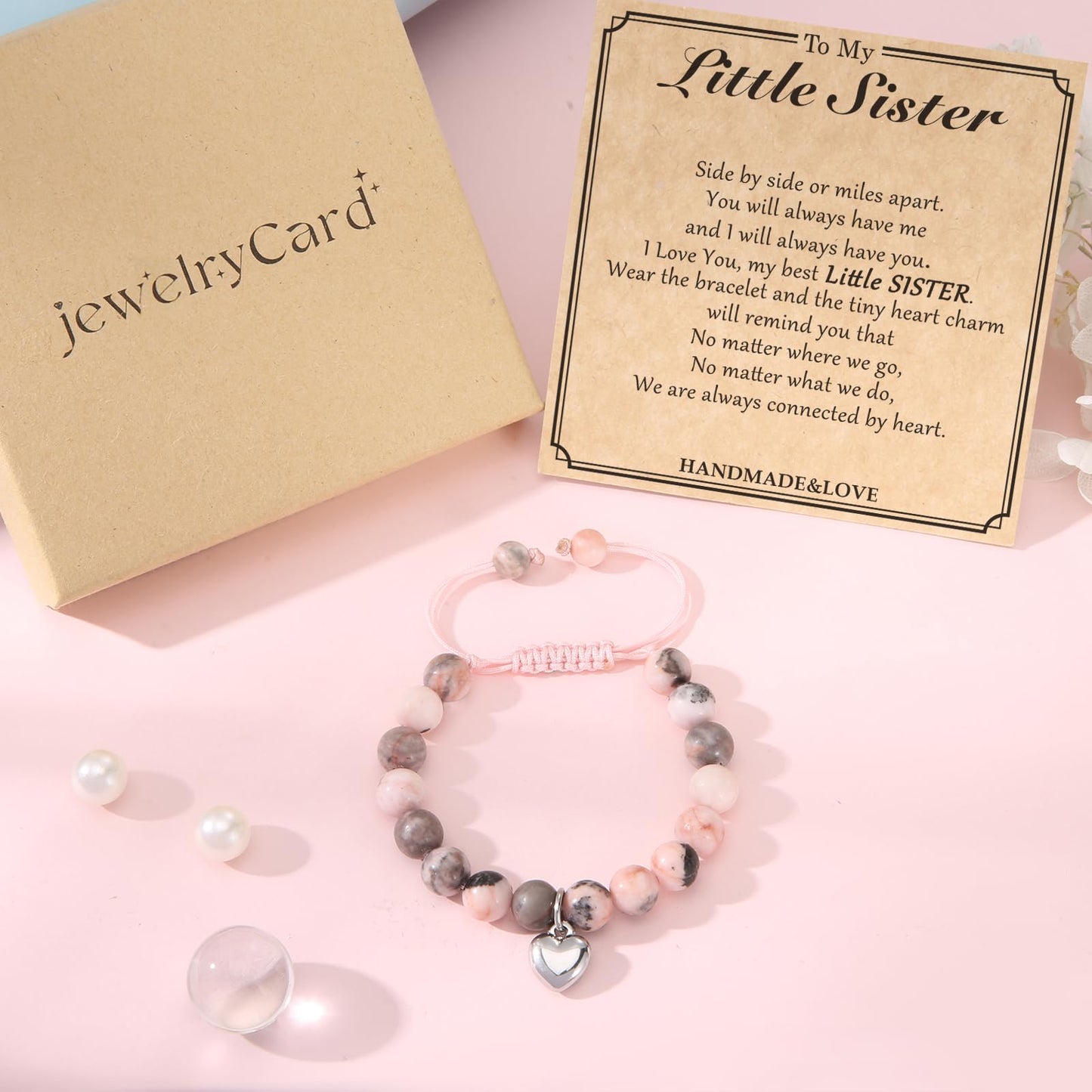 Jewelry&Card Christmas Gifts for Sister Best Friend, Natural Stone Heart Friendship Bracelets for Sister Best Friend Bestie Women