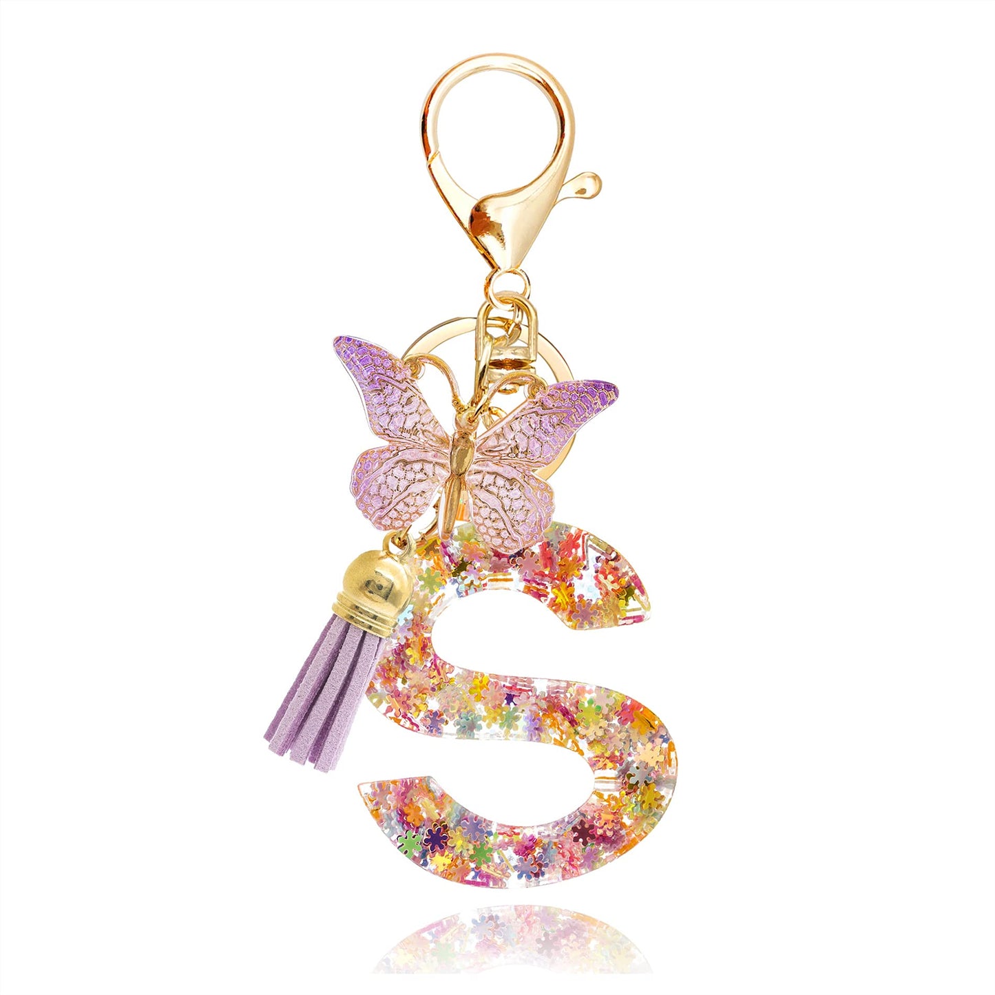 Fashion Alphabet Initial Letter Keychain Tassel Butterfly Pendant Key Ring for Purse Handbags Women Girl