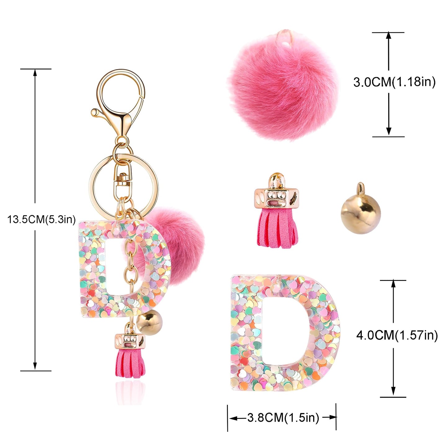 Resin Alphabet Initial Letter Keychain Keyring for Women Purse Handbags With Fur Ball Pom