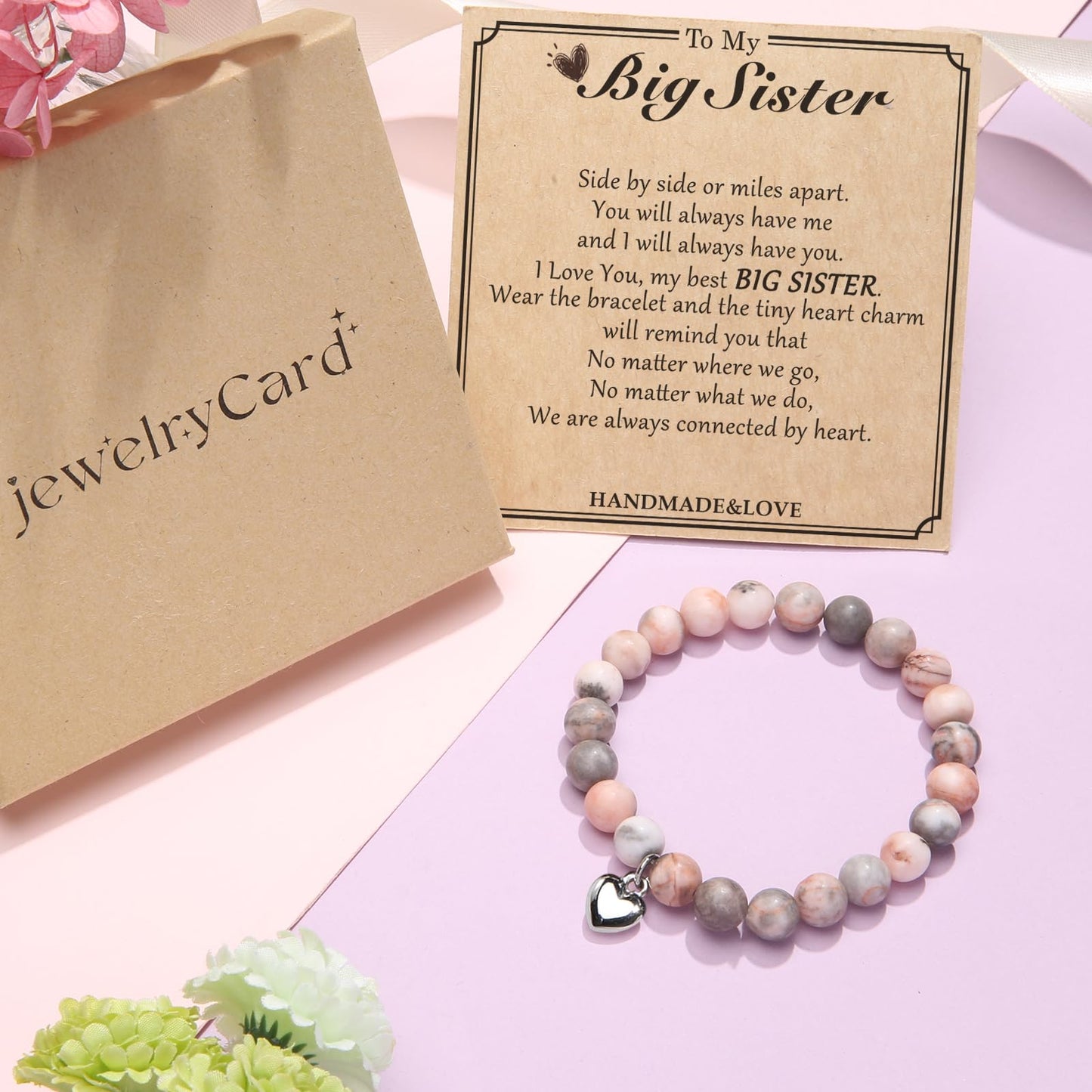 Jewelry&Card Christmas Gifts for Sister Best Friend, Natural Stone Heart Friendship Bracelets for Sister Best Friend Bestie Women