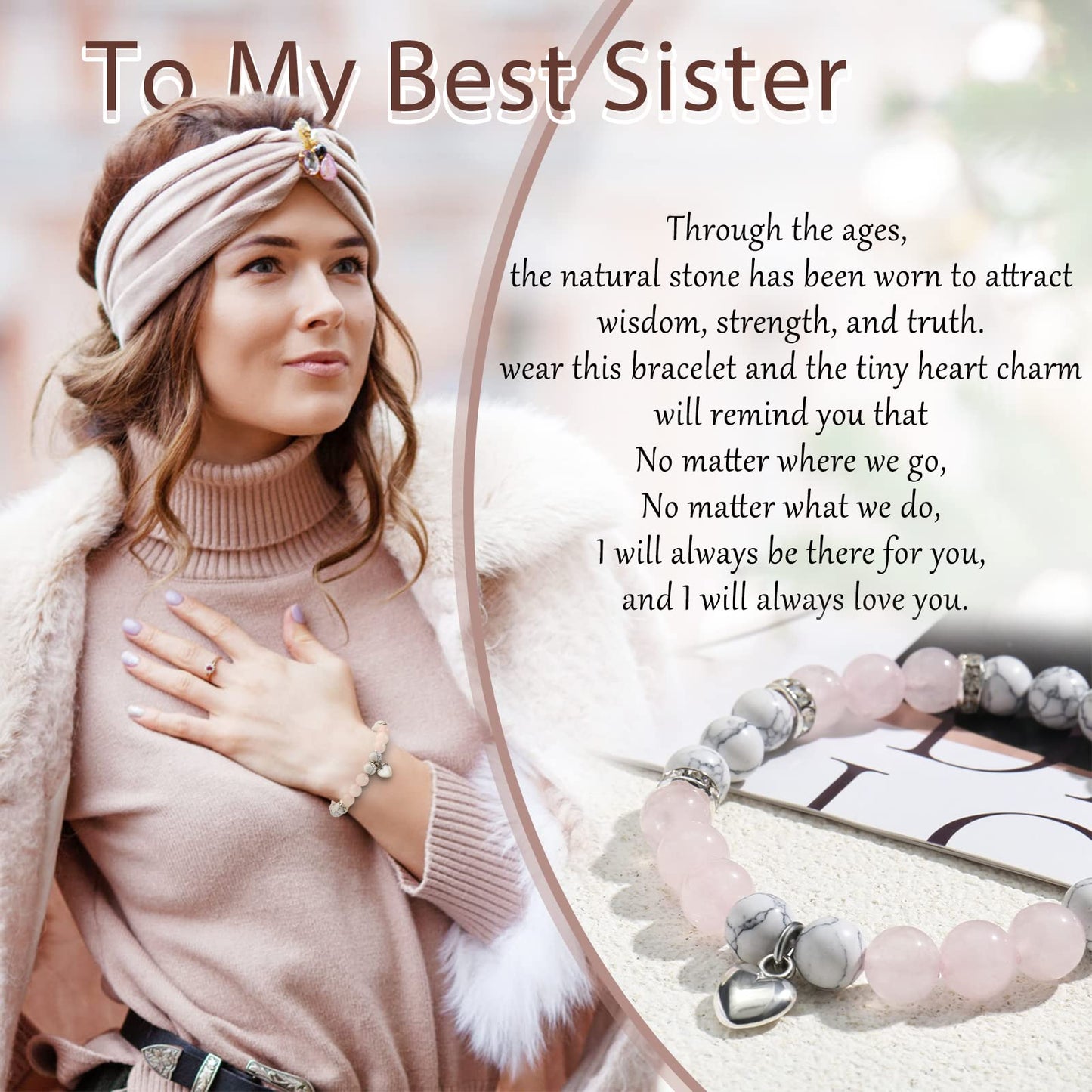 Jewelry&Card Christmas Gifts for Sister Best Friend, Natural Stone Heart Friendship Bracelets for Sister Best Friend Bestie Women