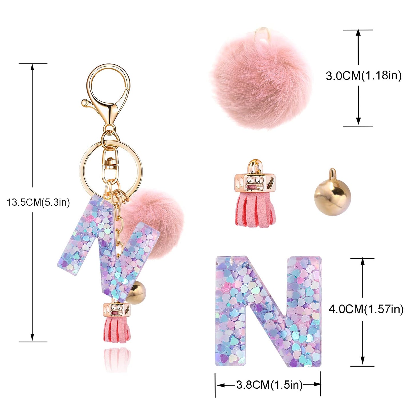 Resin Alphabet Initial Letter Keychain Keyring for Women Purse Handbags With Fur Ball Pom