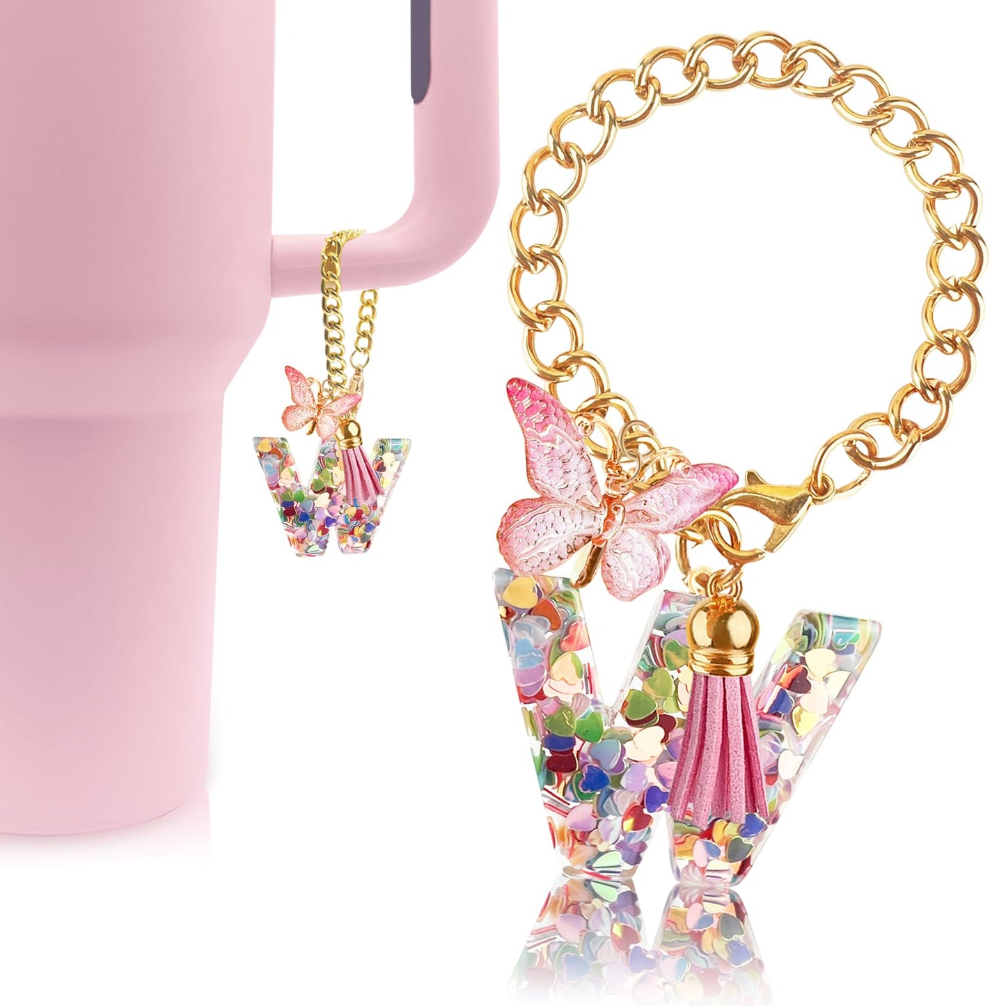 Letter Charm Accessories for Stanley Cup with Handle, Cute Initial Letter A Keychain Handle Charm with Butterfly for Stanley Tumbler for Women Girls