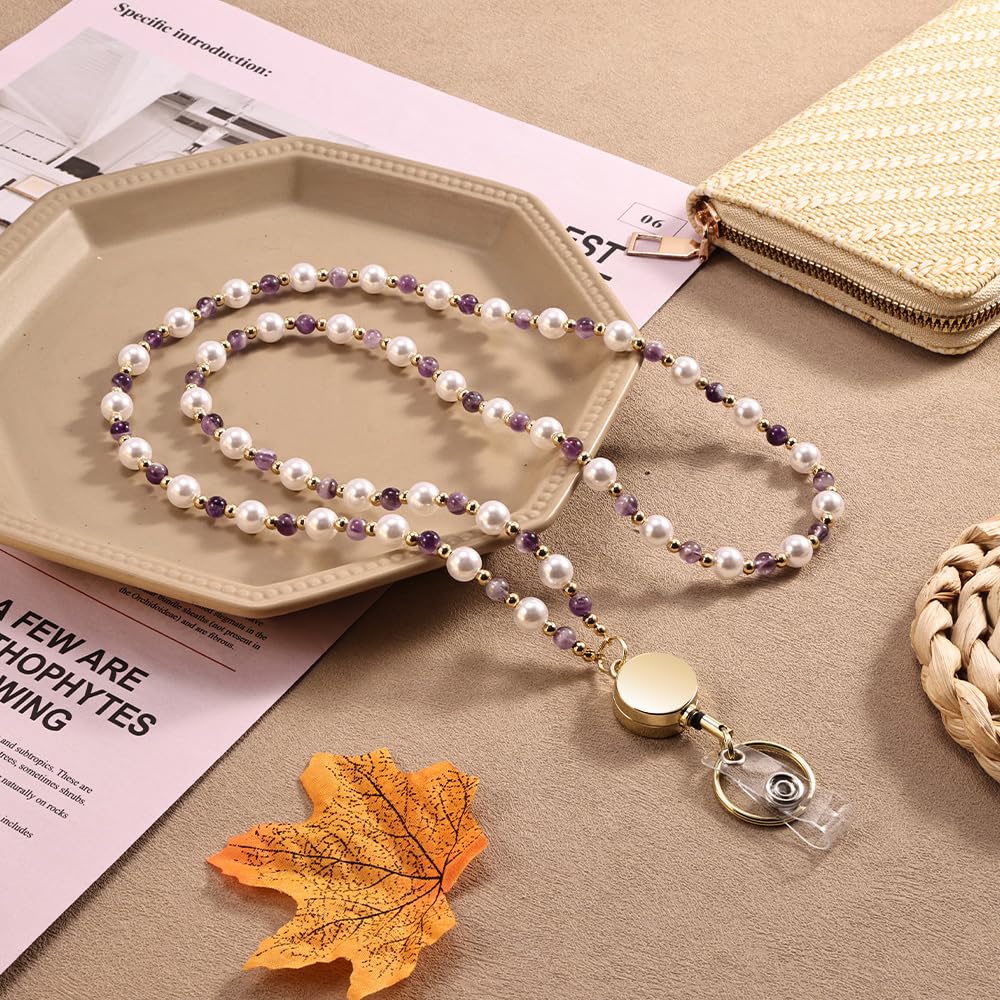 Retractable Pearl ID Badges and Key Lanyards, Natural Crystal Handmade Beaded Teacher Women's Lanyards