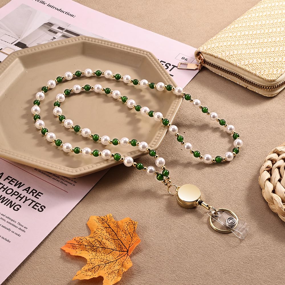 Retractable Pearl ID Badges and Key Lanyards, Natural Crystal Handmade Beaded Teacher Women's Lanyards