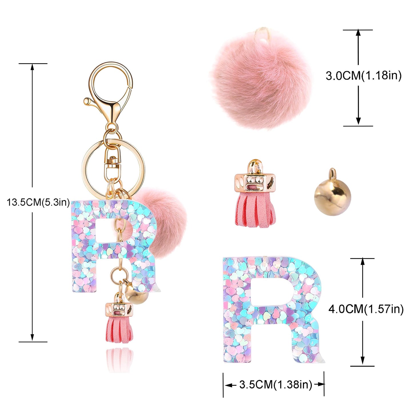 Resin Alphabet Initial Letter Keychain Keyring for Women Purse Handbags With Fur Ball Pom