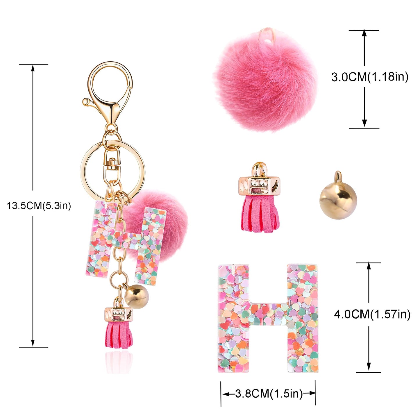 Resin Alphabet Initial Letter Keychain Keyring for Women Purse Handbags With Fur Ball Pom
