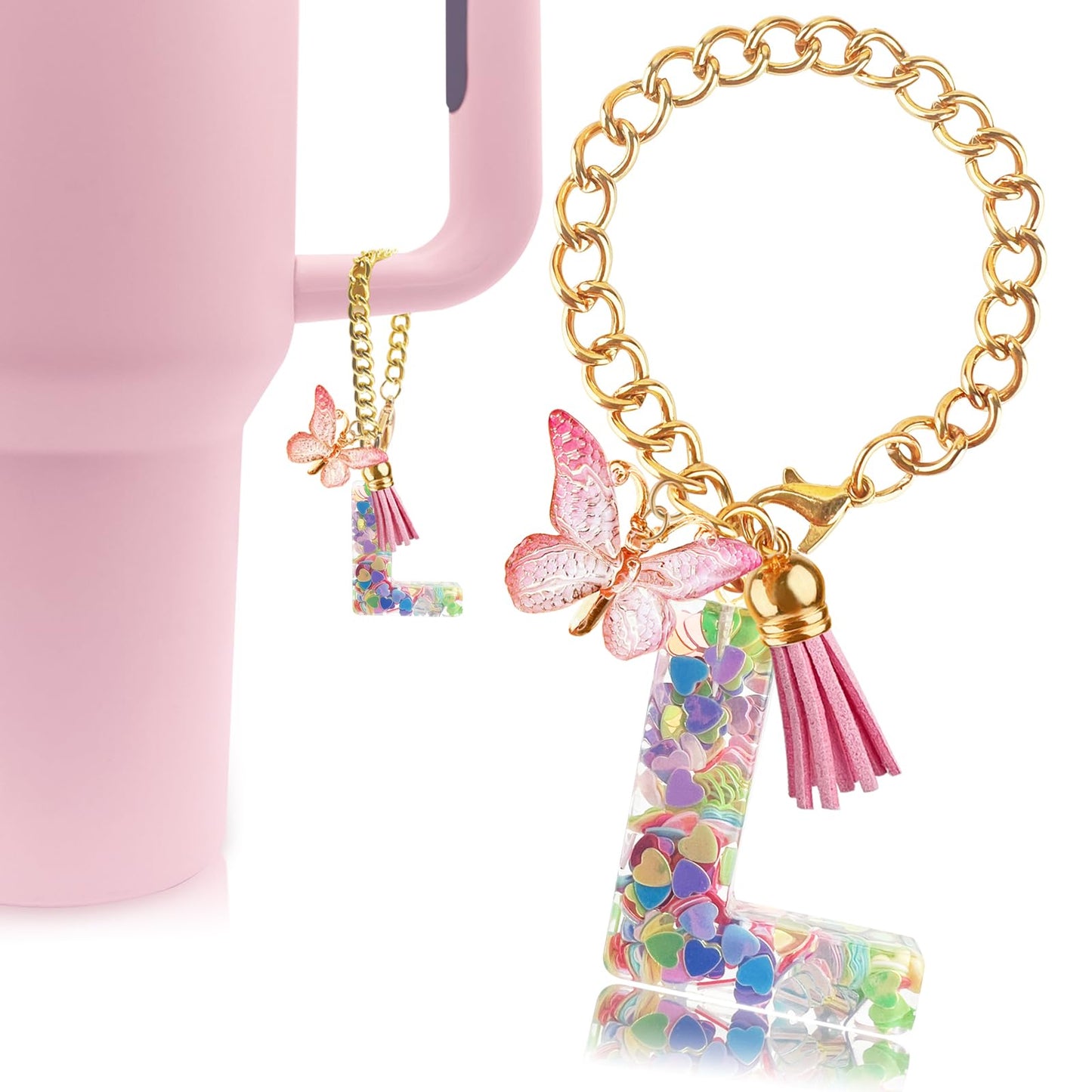 Letter Charm Accessories for Stanley Cup with Handle, Cute Initial Letter A Keychain Handle Charm with Butterfly for Stanley Tumbler for Women Girls