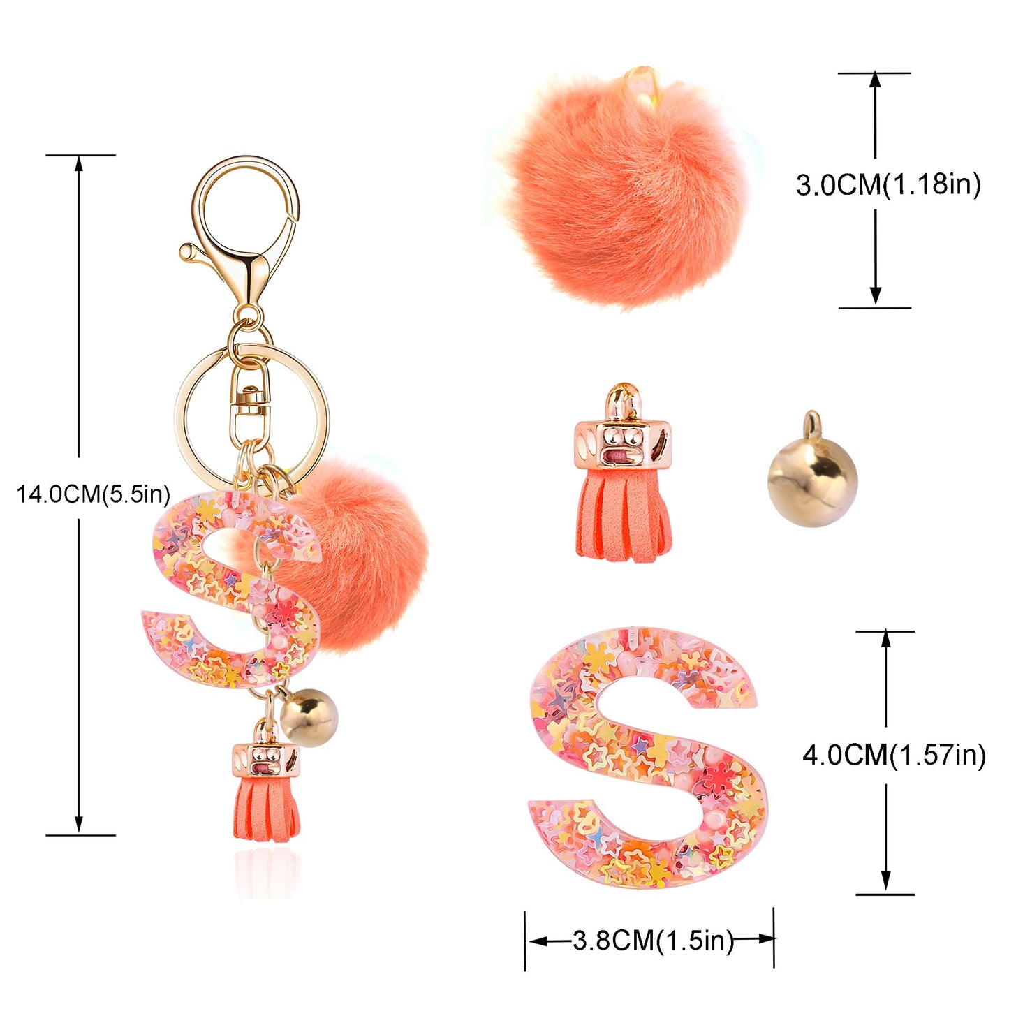 Resin Alphabet Initial Letter Keychain Keyring for Women Purse Handbags With Fur Ball Pom